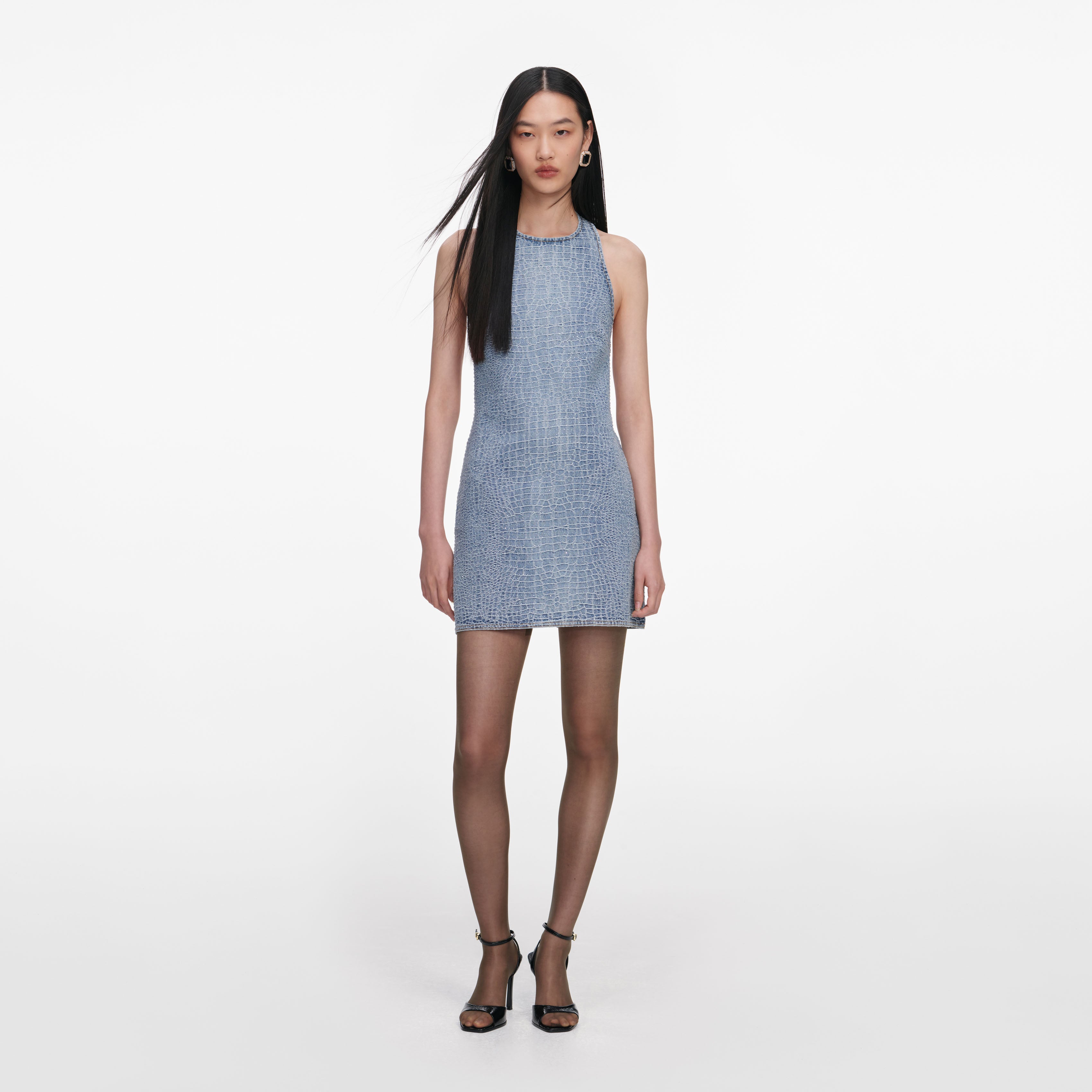 Rhinestone Croc Effect Denim Mini Dress – self-portrait