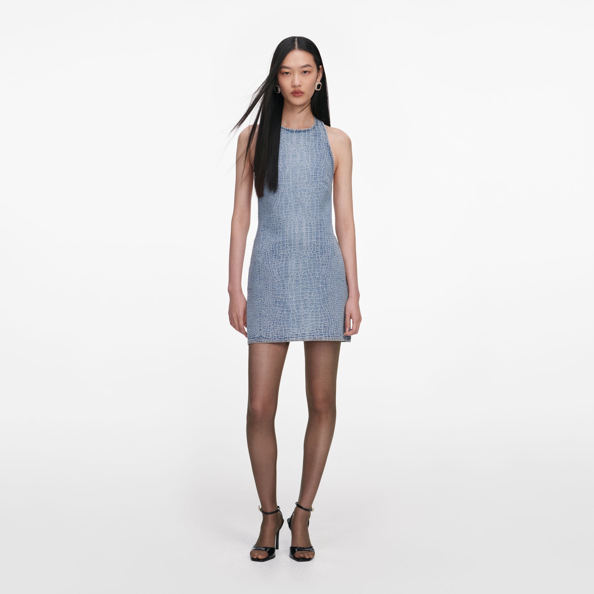 Rhinestone Croc Effect Denim Mini Dress