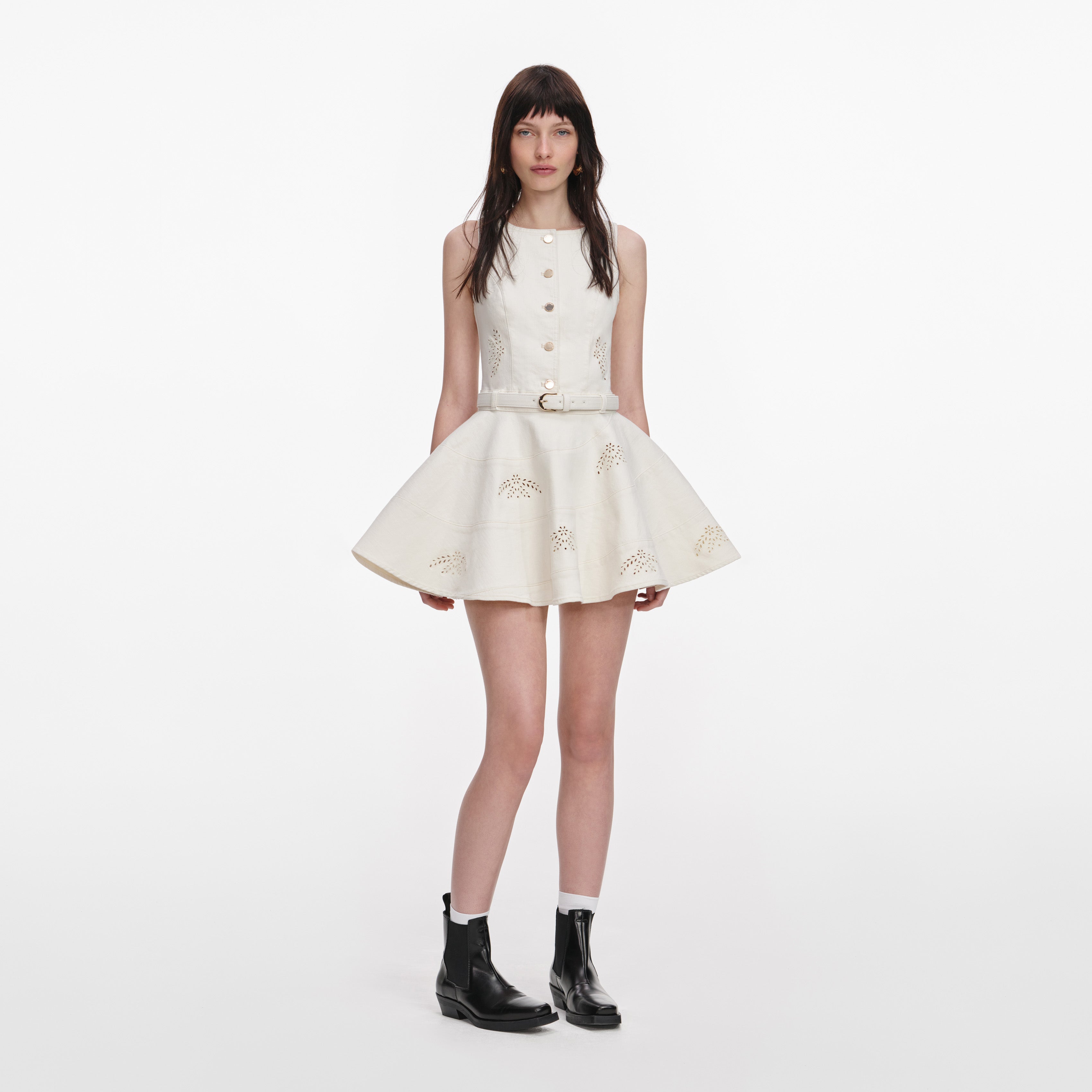 Cream Broderie Denim Sleeveless Mini Dress – self-portrait