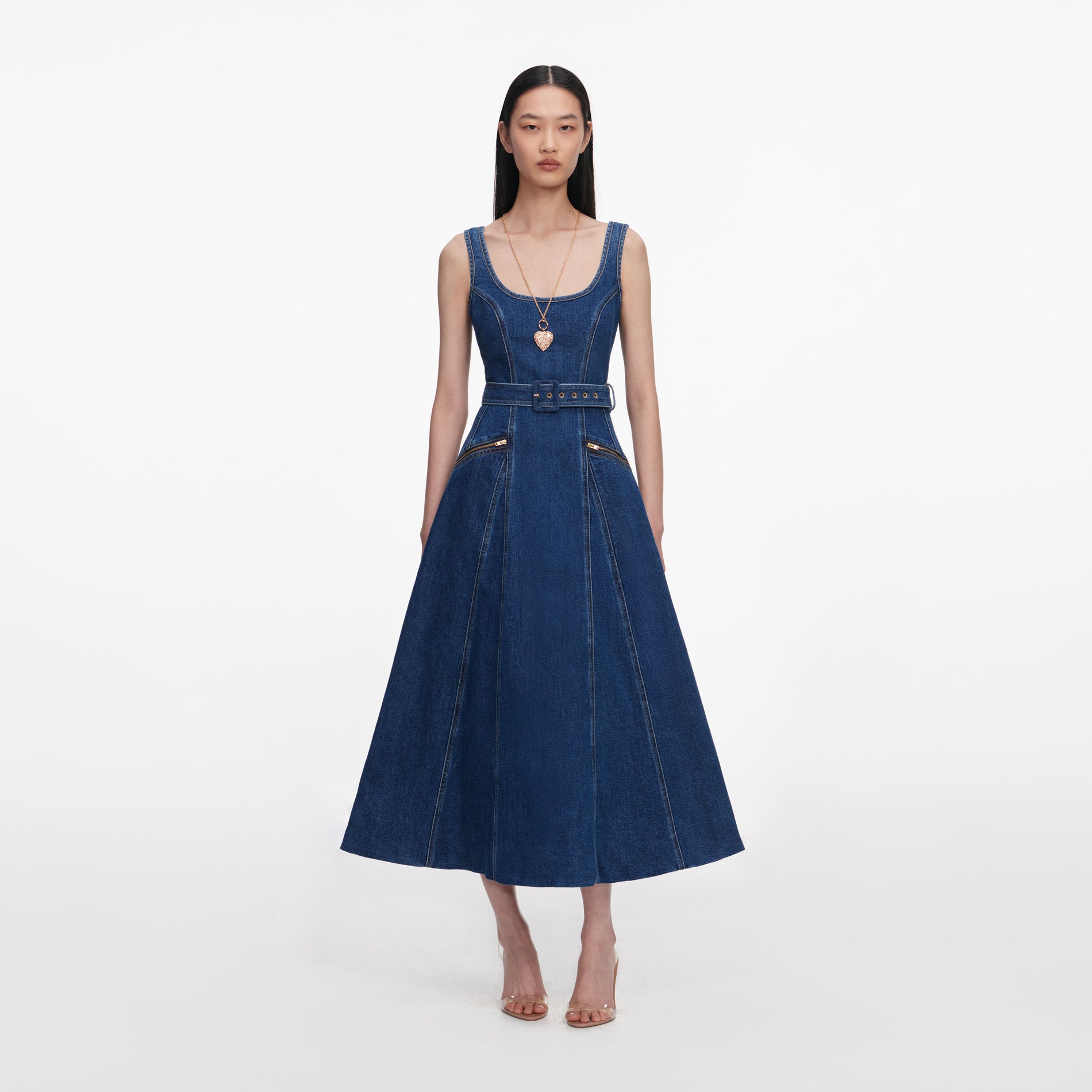 Denim Flared Belted Midi Dress