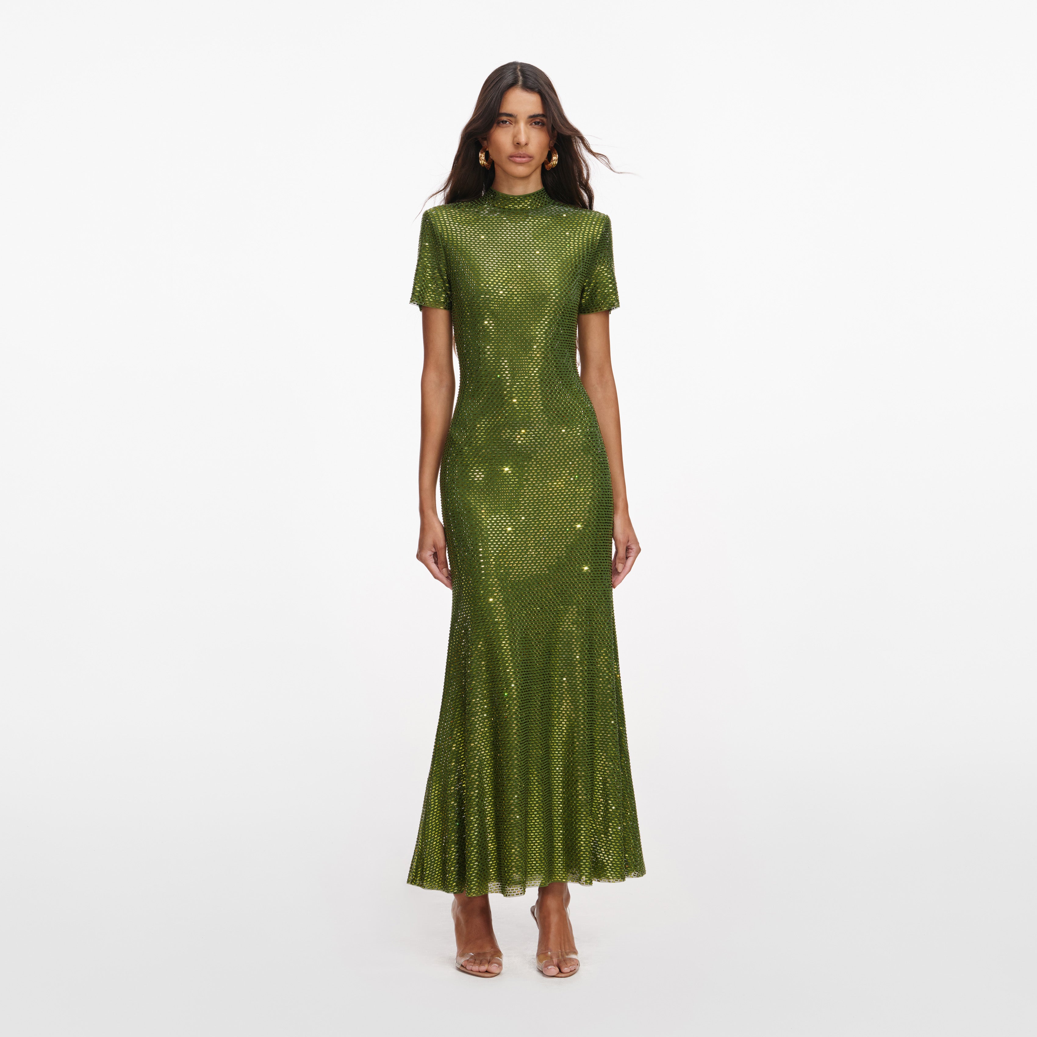 Olive Rhinestone Mesh Midi Dress – self-portrait