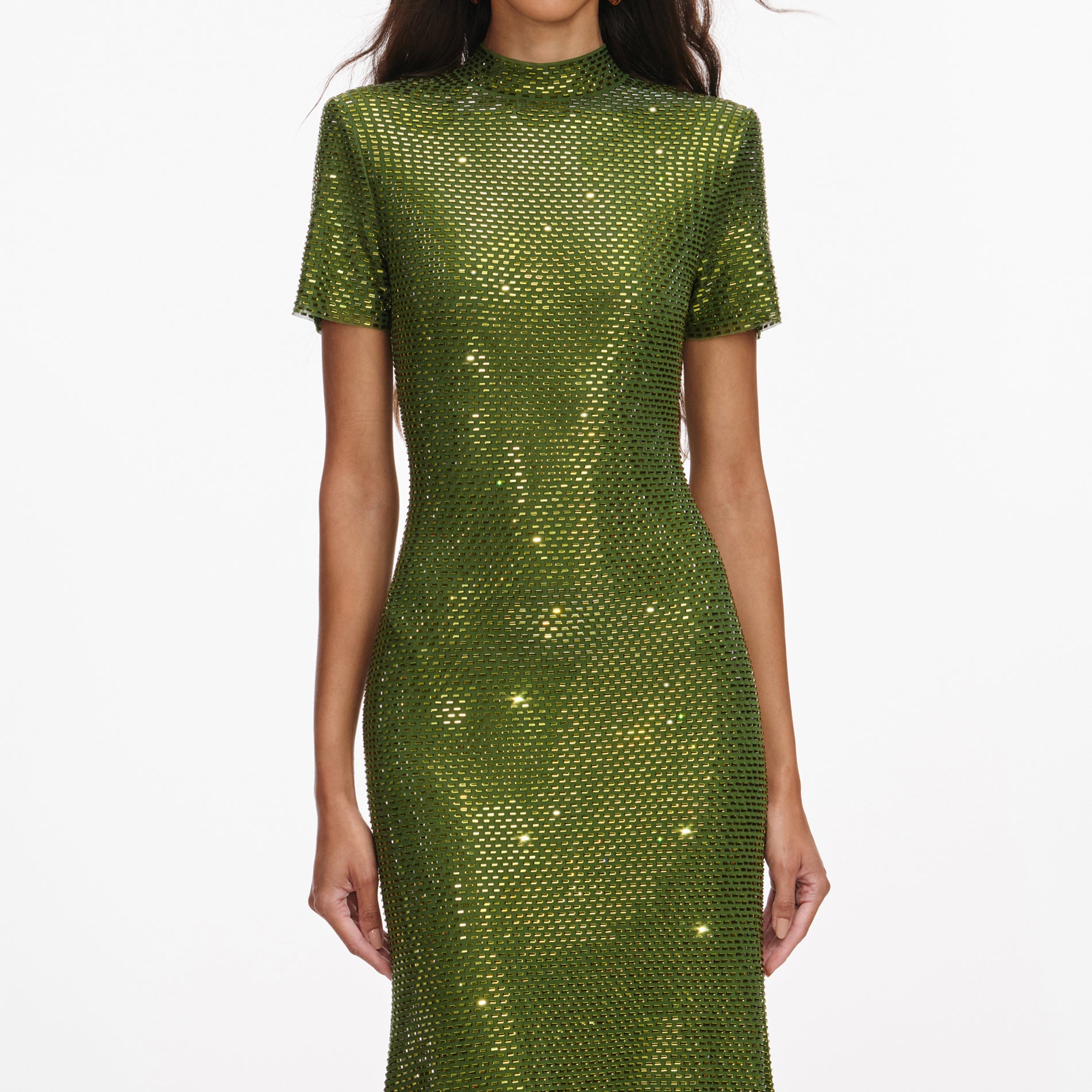 A close up of a woman wearing the Olive Rhinestone Mesh Midi Dress