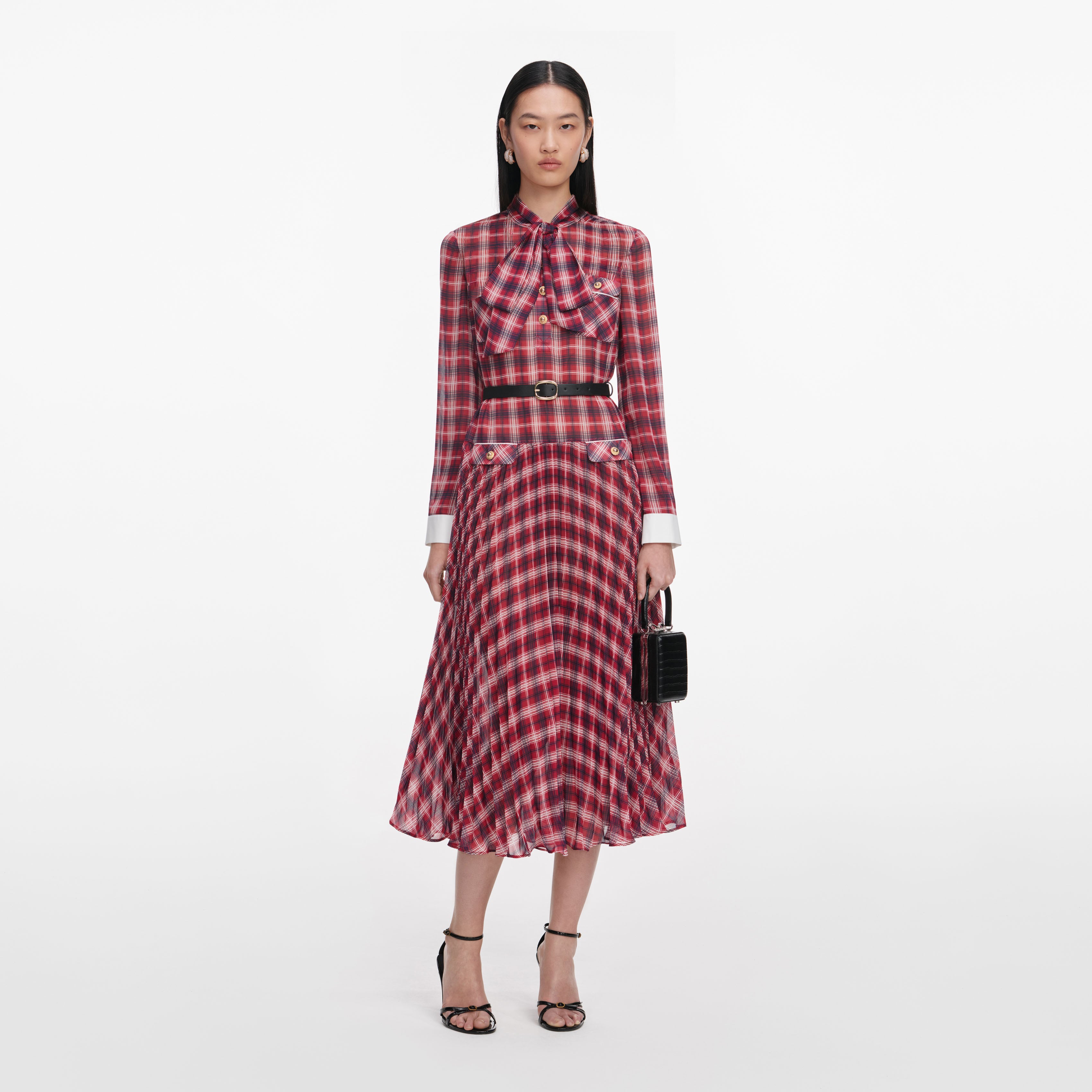 Burgundy Check Chiffon Midi Dress – self-portrait