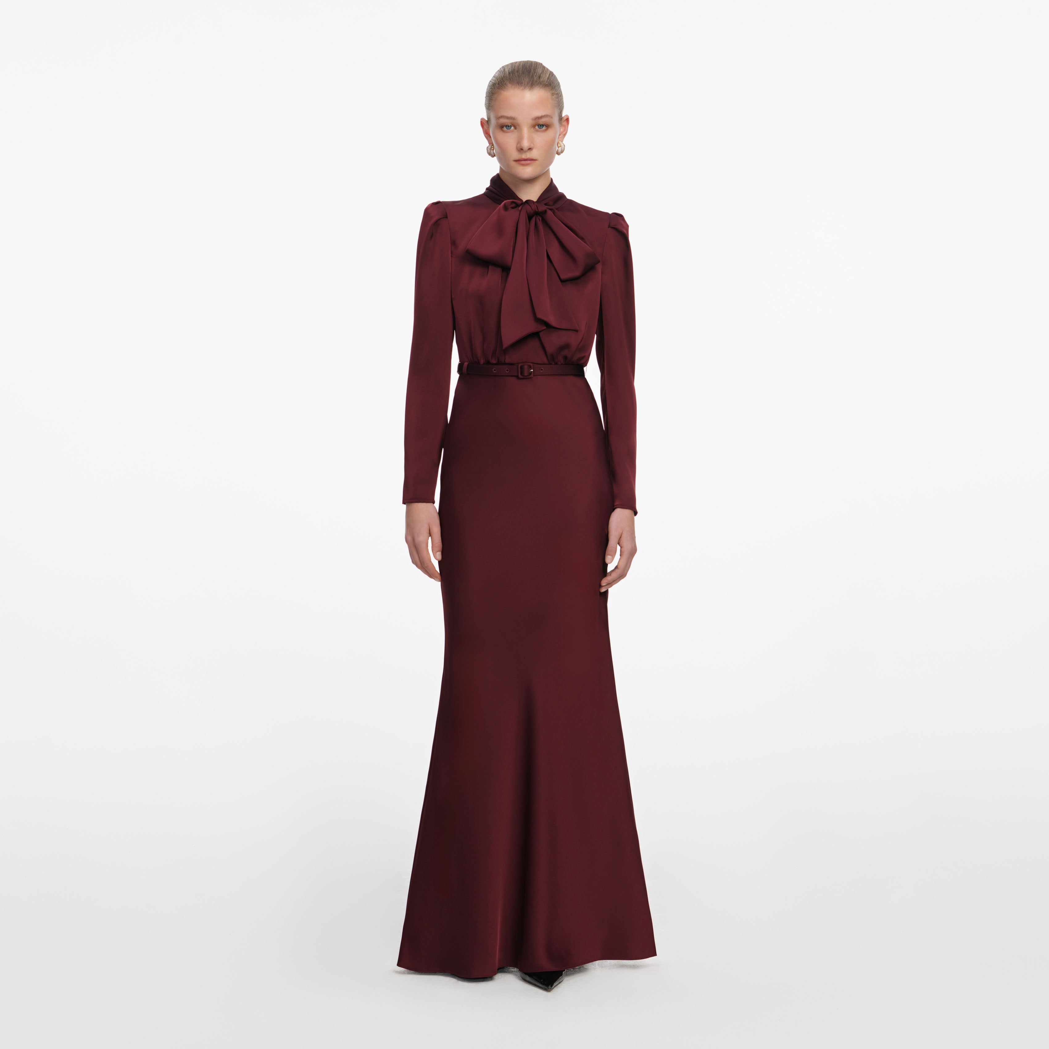 Burgundy Tie Neck Satin Maxi Dress – self-portrait