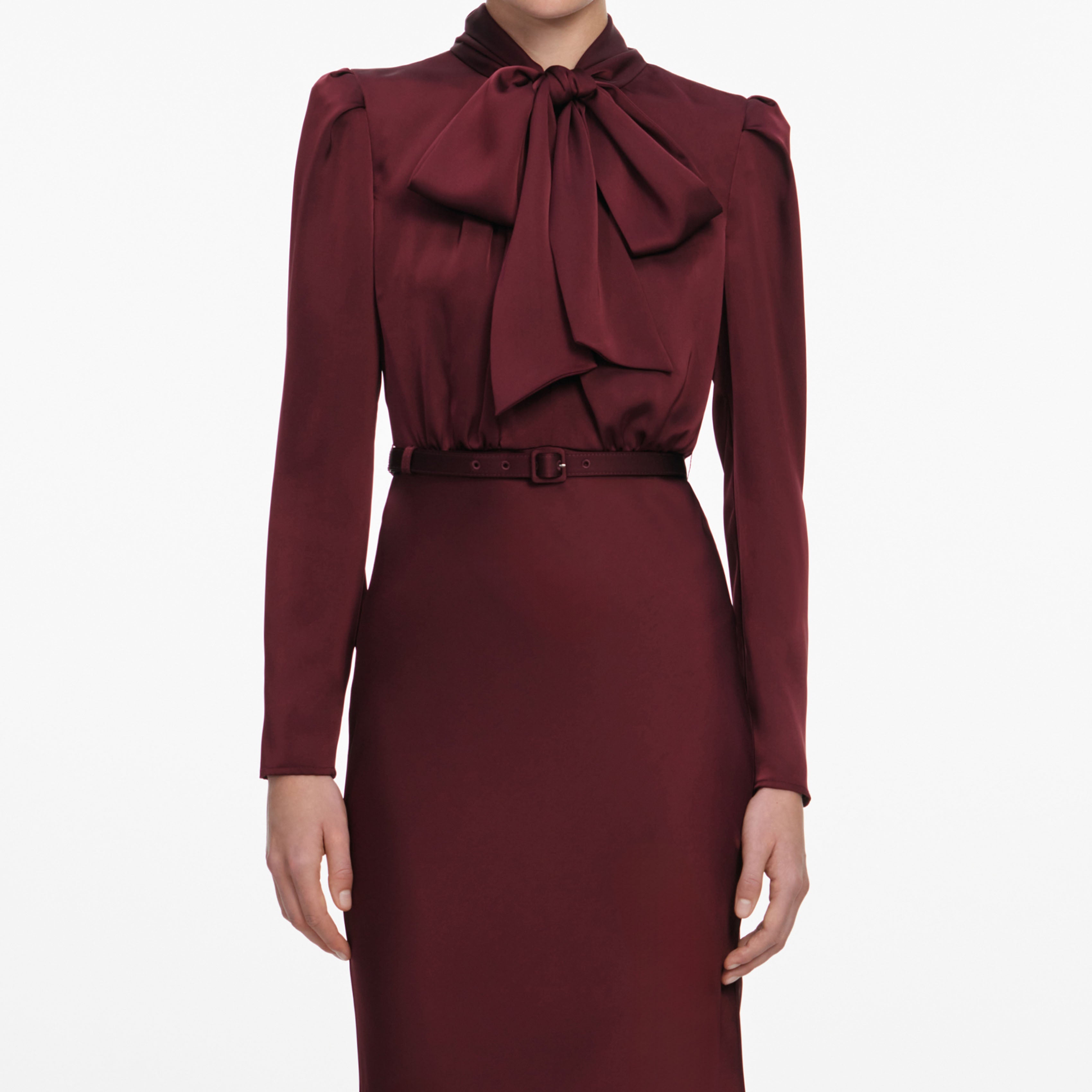 Burgundy Tie Neck Satin Maxi Dress