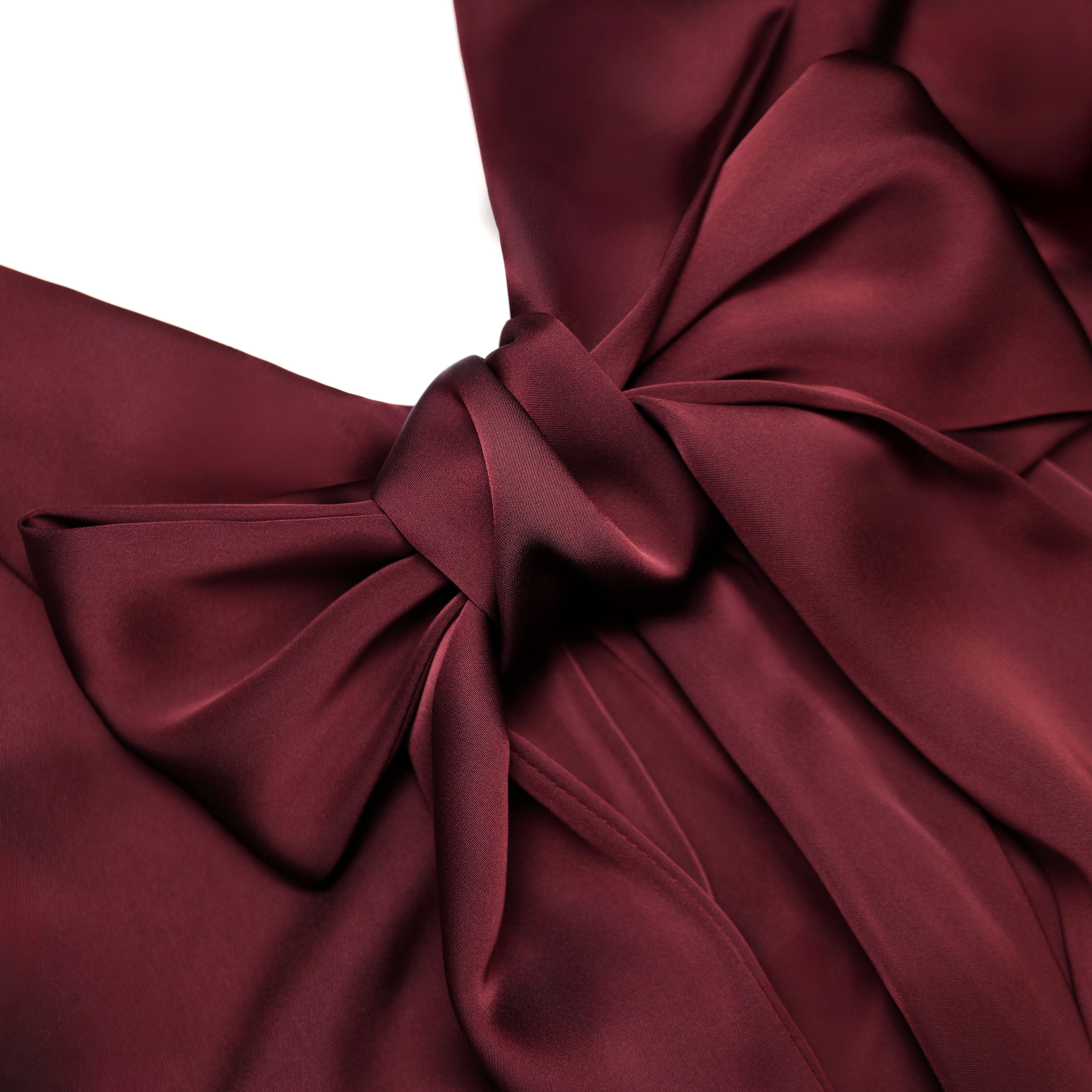 Burgundy Tie Neck Satin Maxi Dress
