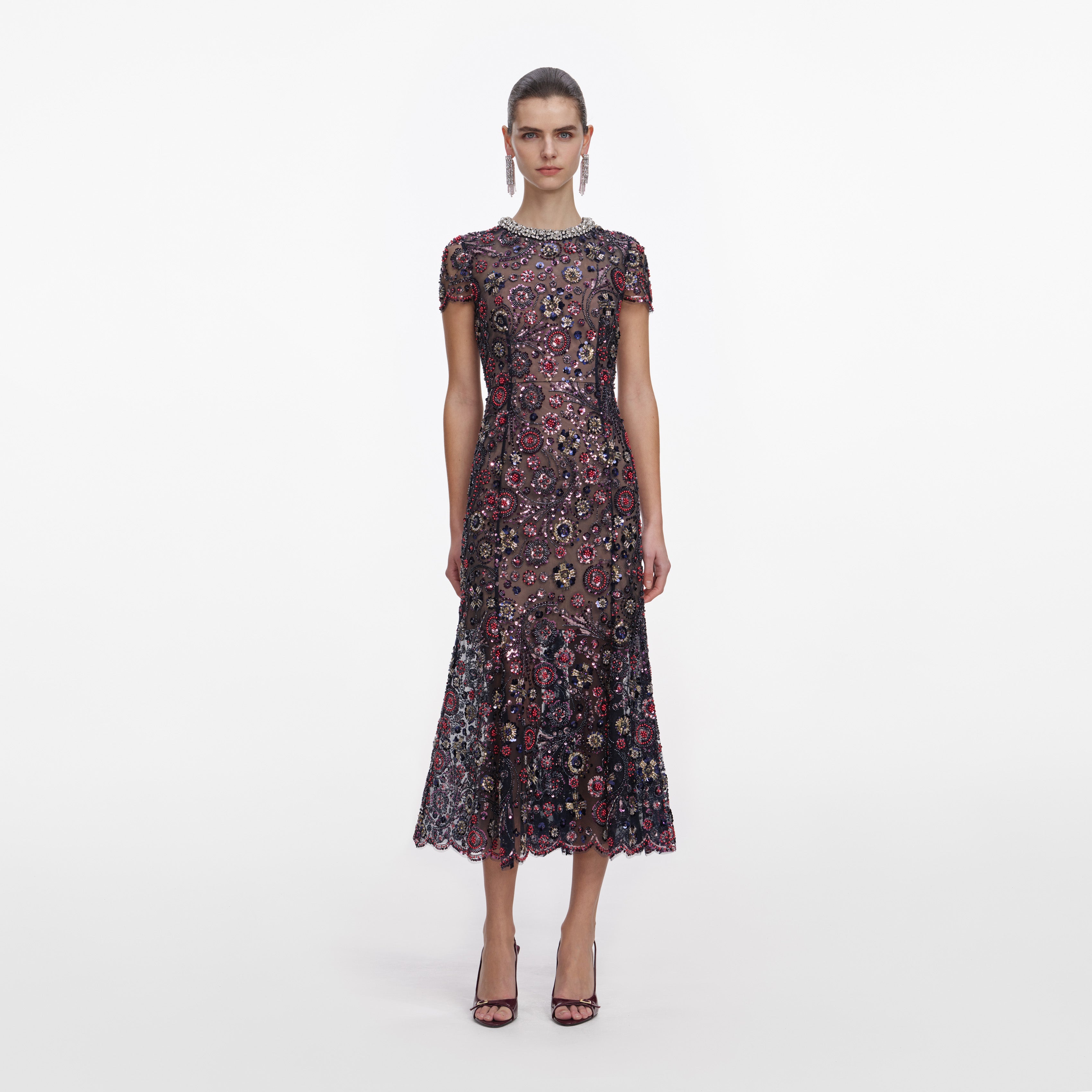 navy sequin midi dress Navy Floral Sequin Midi Dress – self-portrait