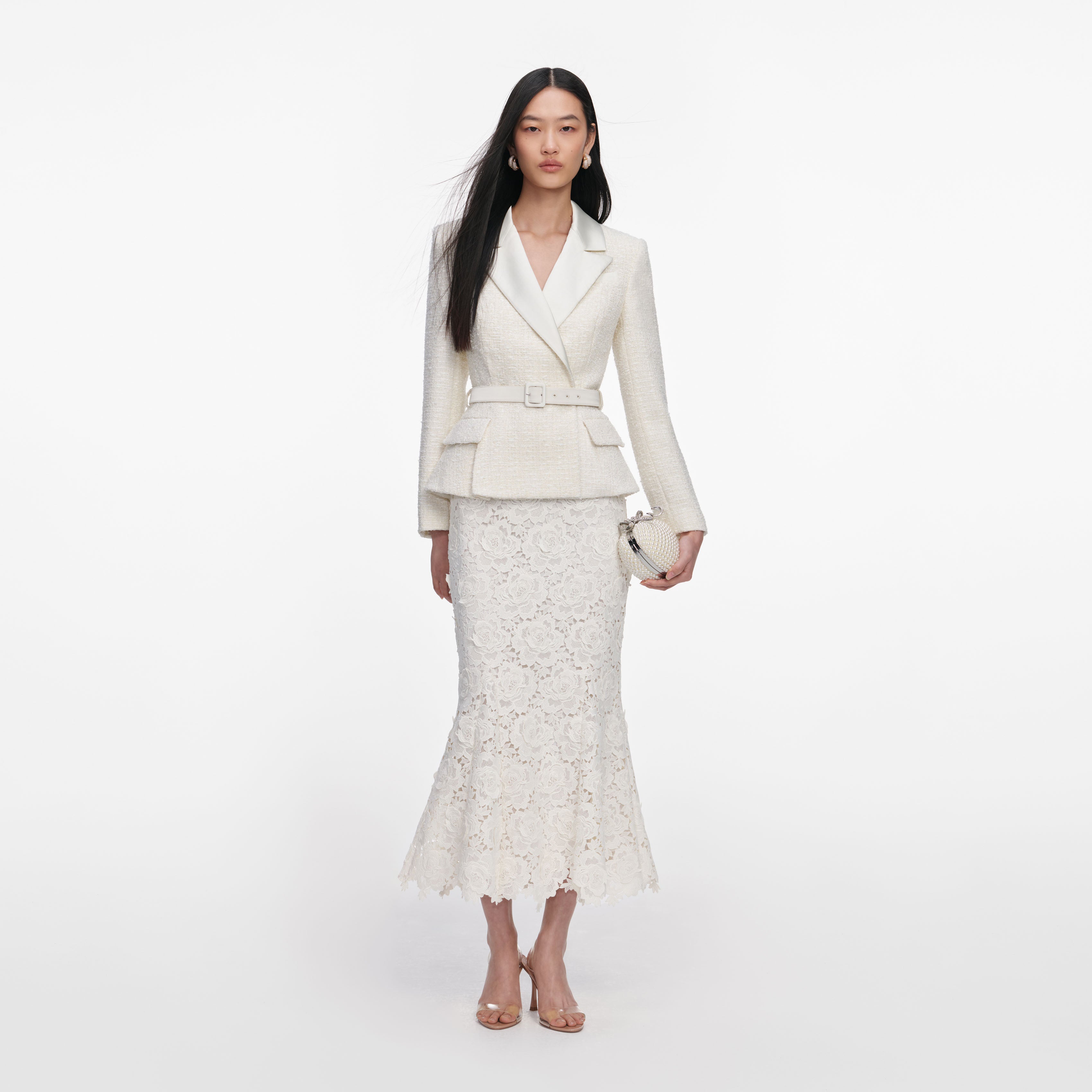 Cream Boucle Flower Lace Midi Dress – self-portrait