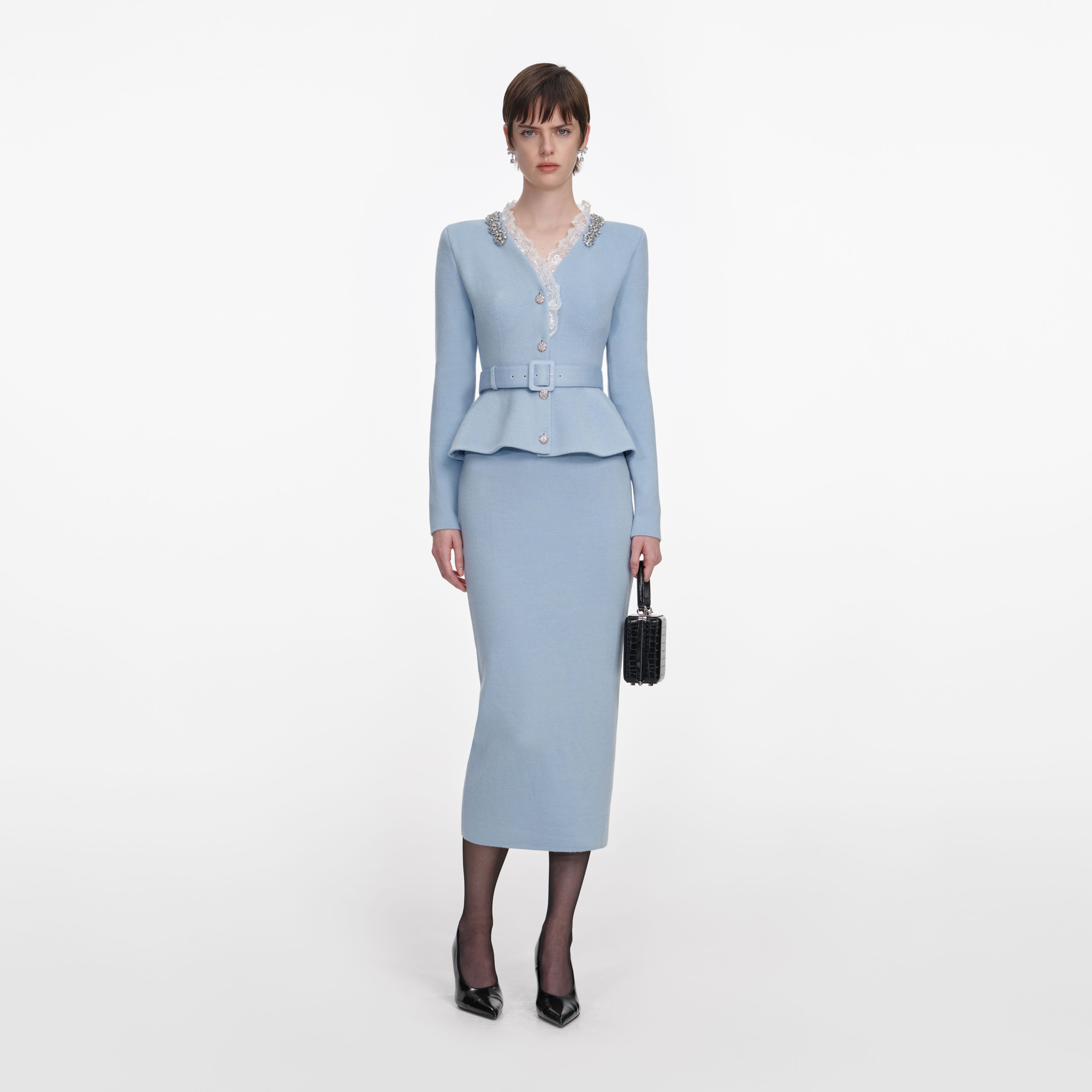 Blue Crystal Trim Knit Midi Dress