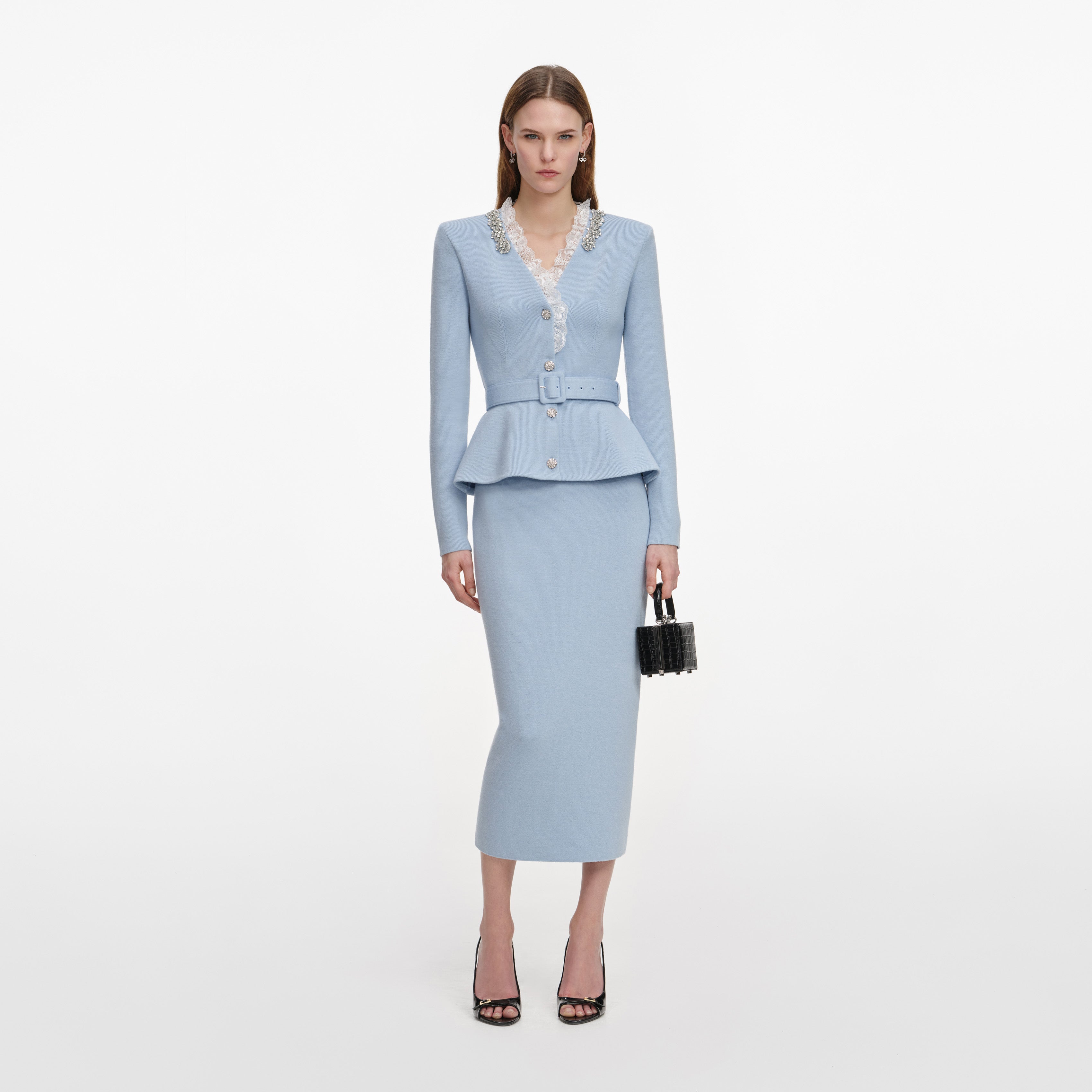 self portrait gold crystal trim knit midi dress Blue – self-portrait urban