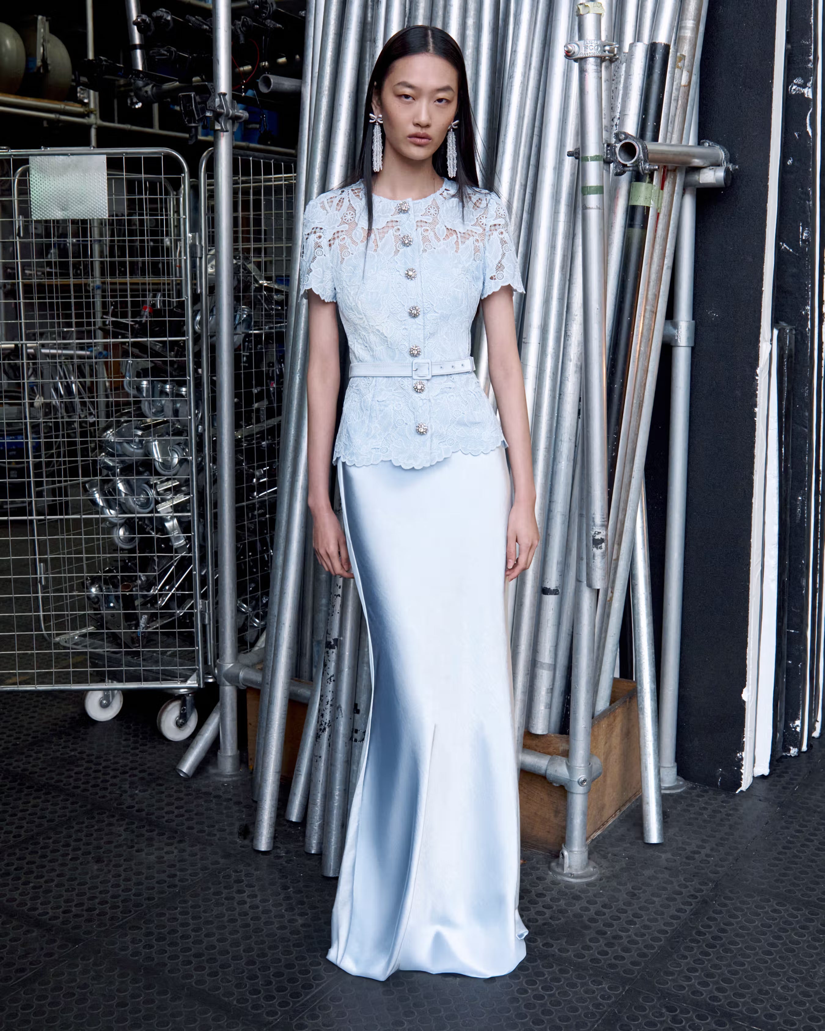 Blue Lace Satin Maxi Dress