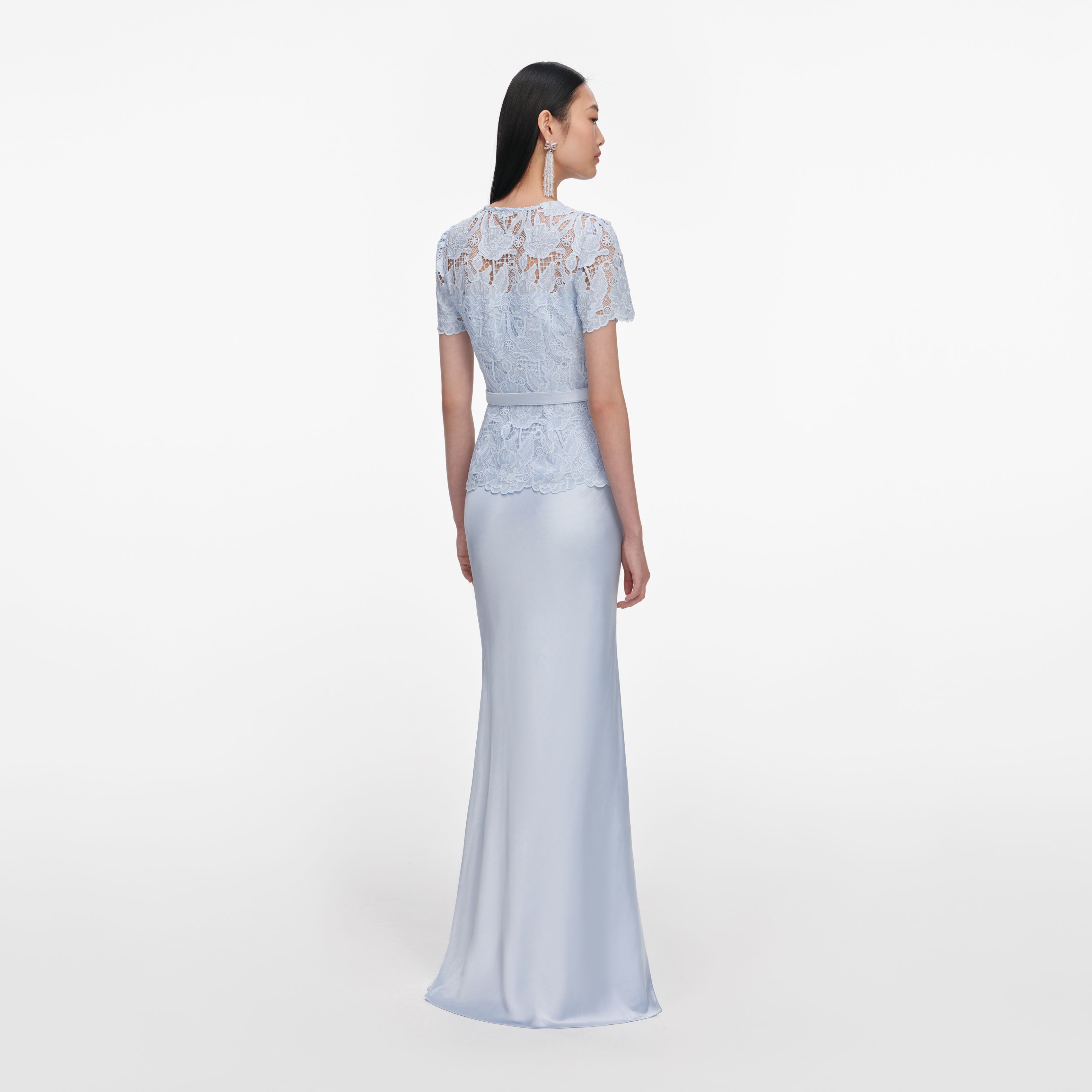 Blue Lace Satin Maxi Dress