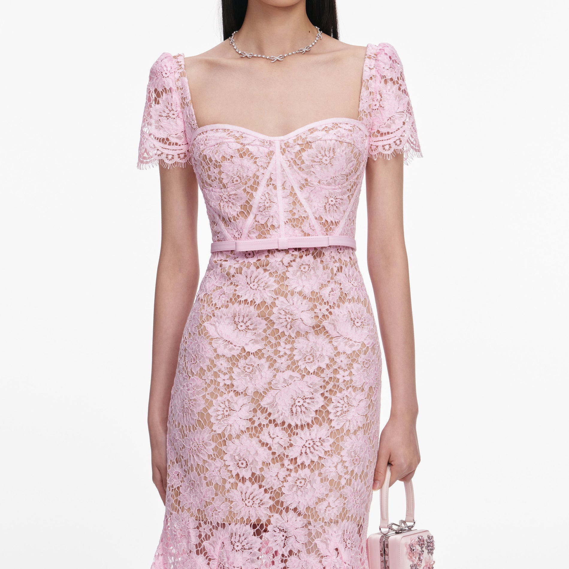 Pink Fine Lace Midi Dress