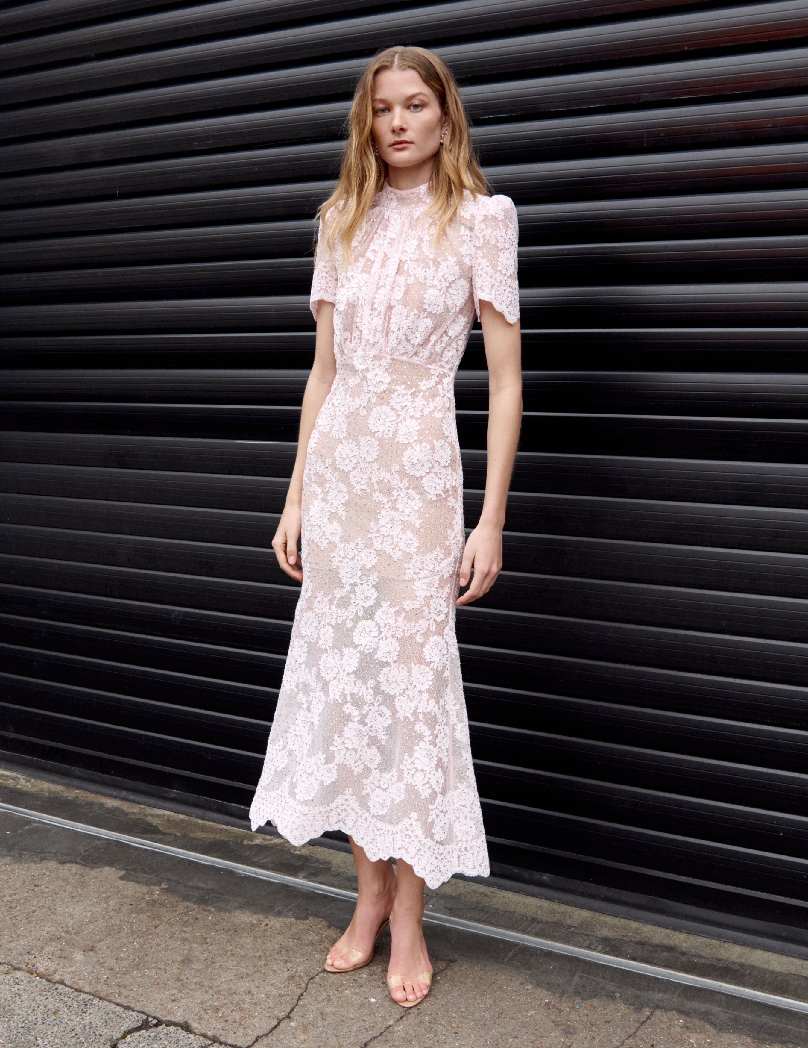 Pink Rhinestone Lace Midi Dress