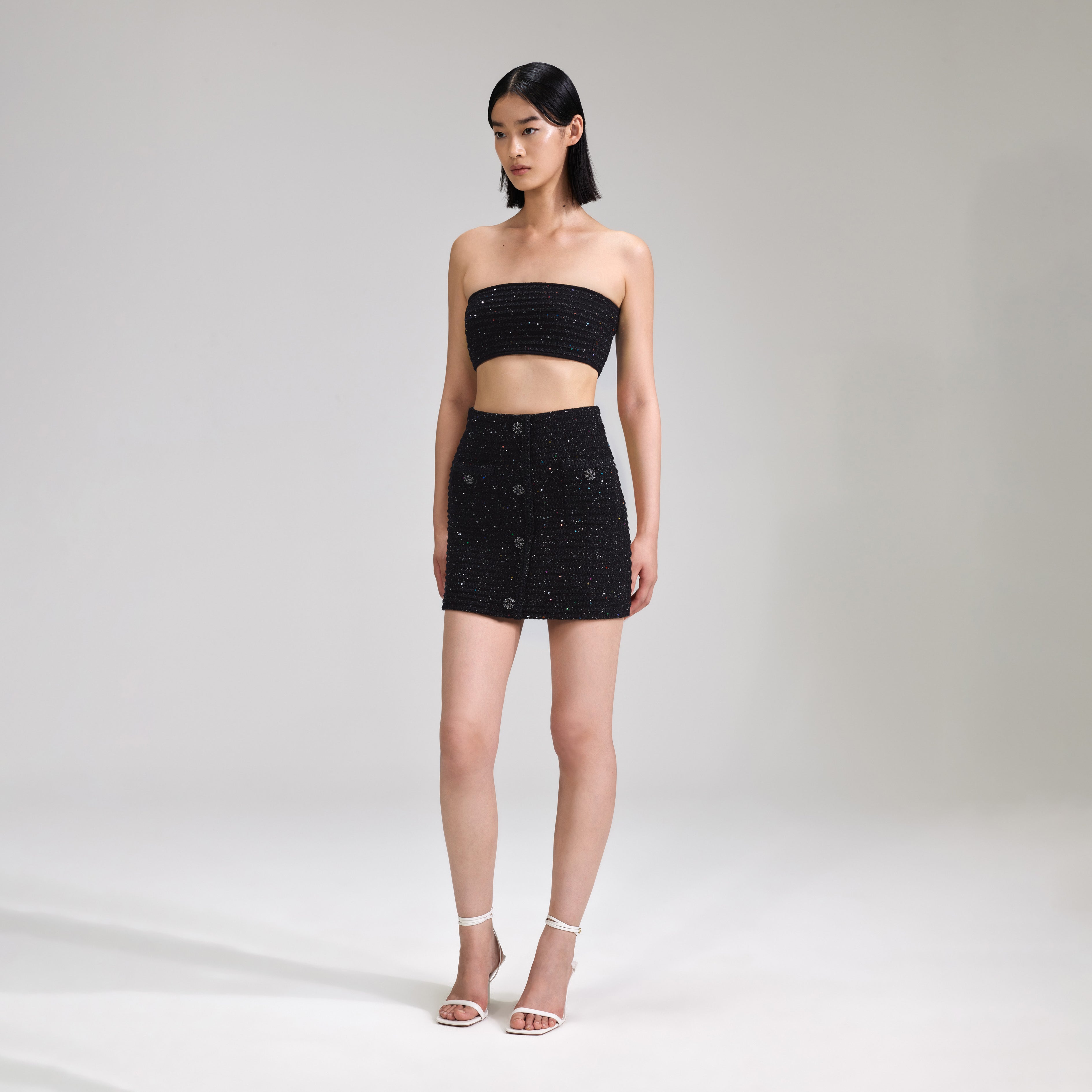 Black Sequin Knit Bandeau Top