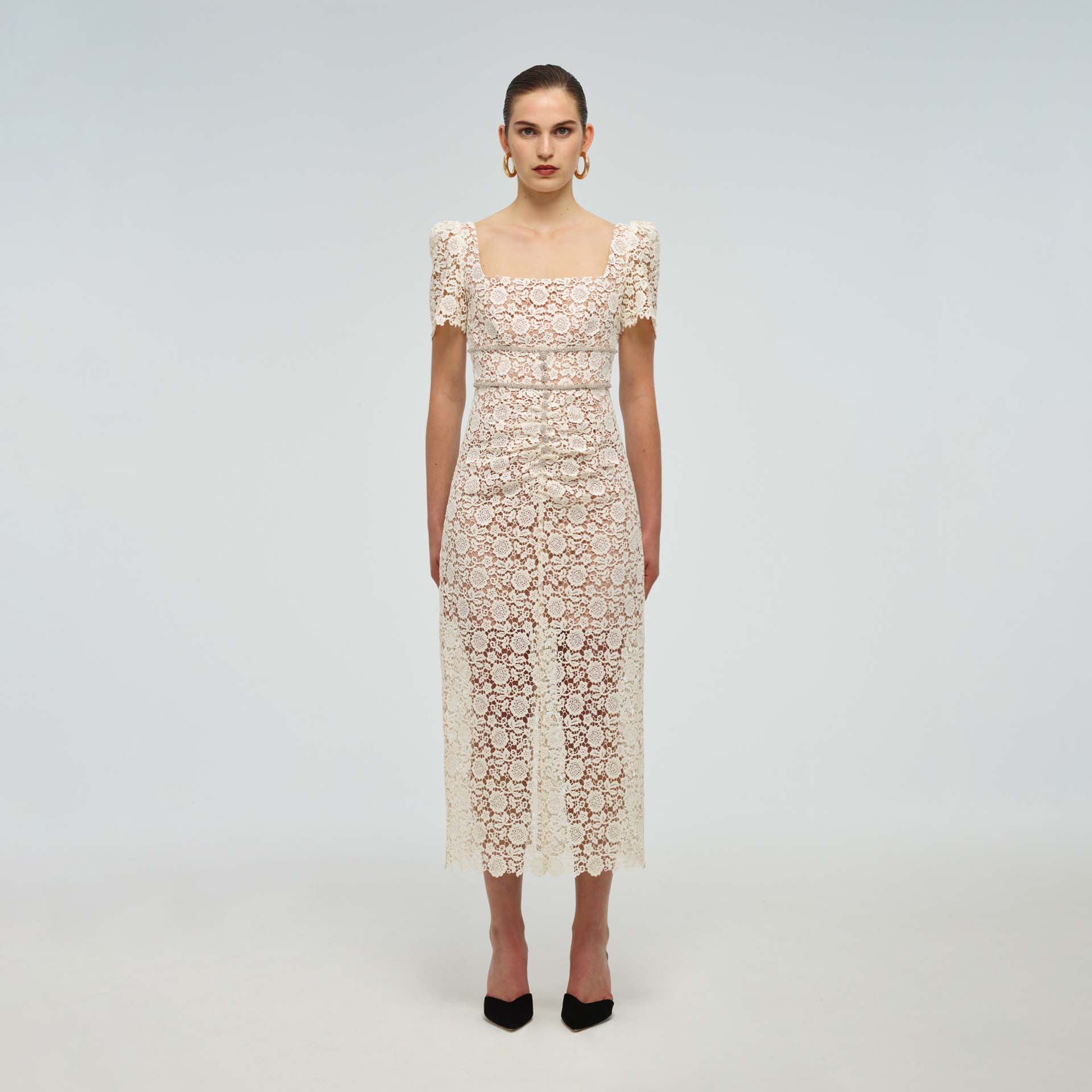 아이보리 기퓌르 핏 미디 드레스