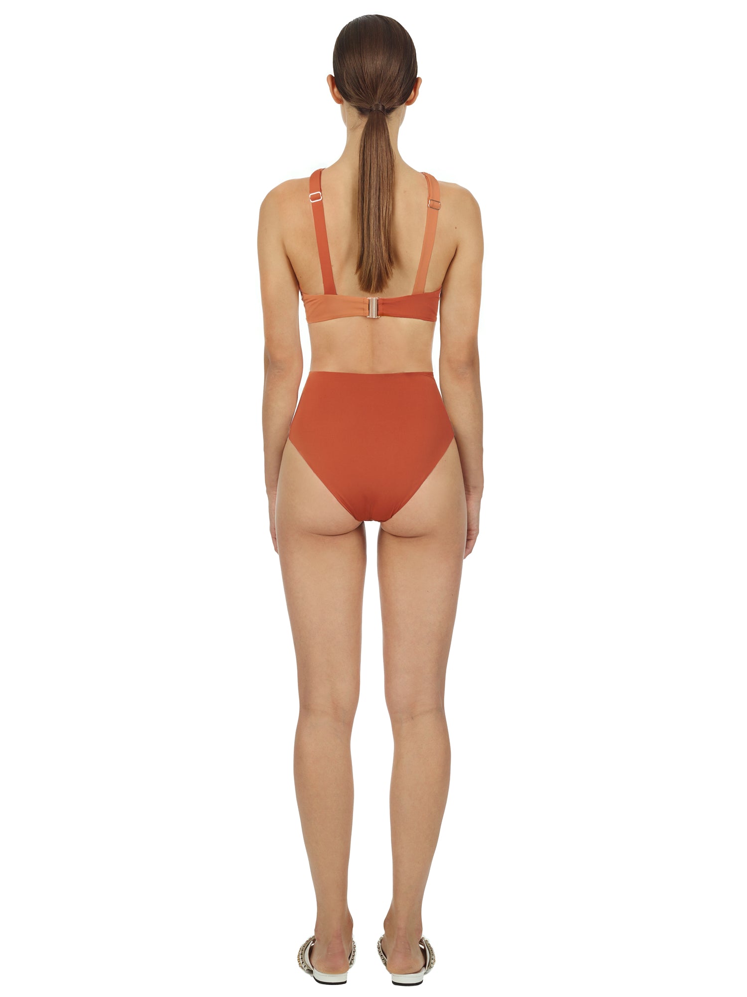 Back view of a woman wearing the Pink High Waisted Bikini Briefs Pink