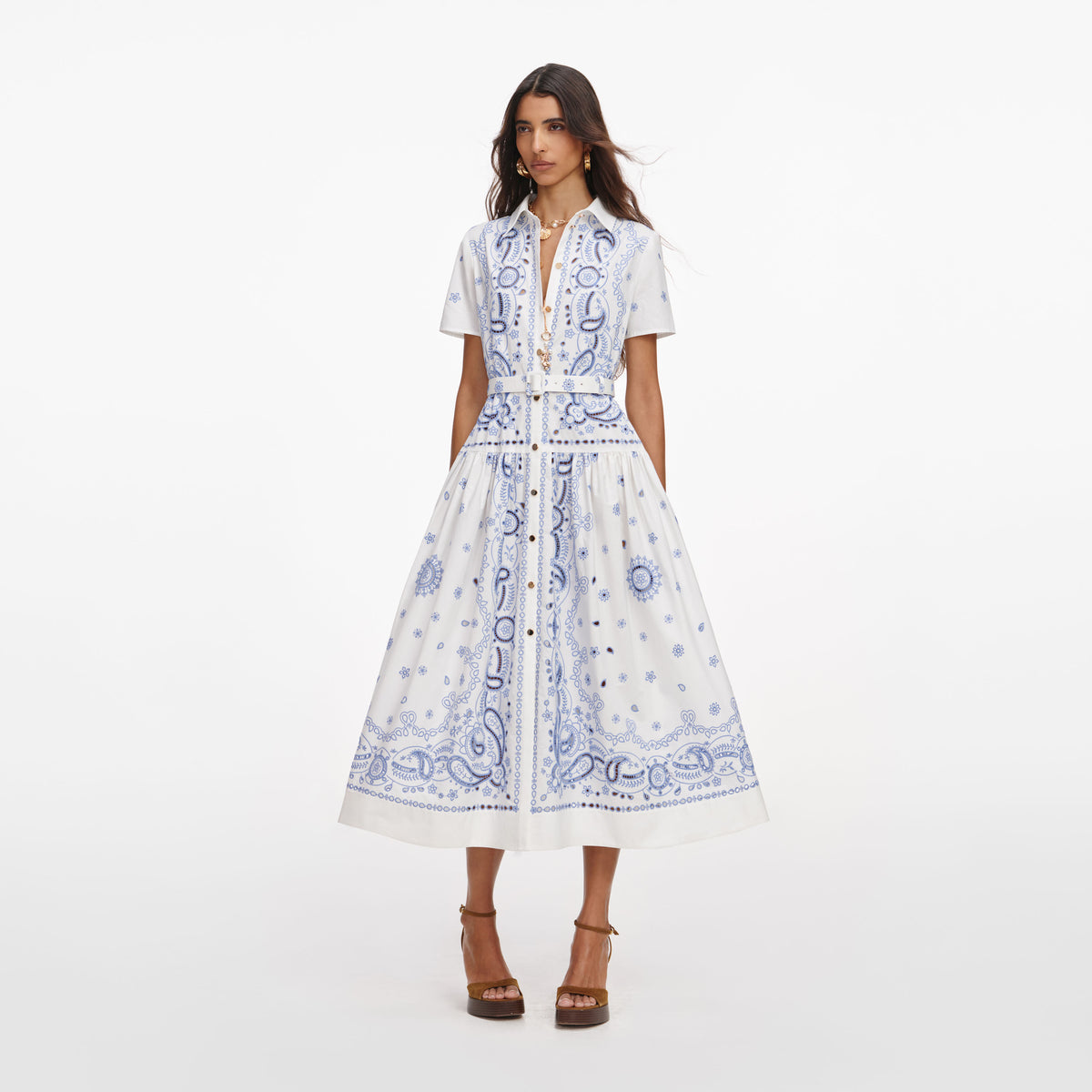 White And Blue Embroidered Midi Dress – self-portrait