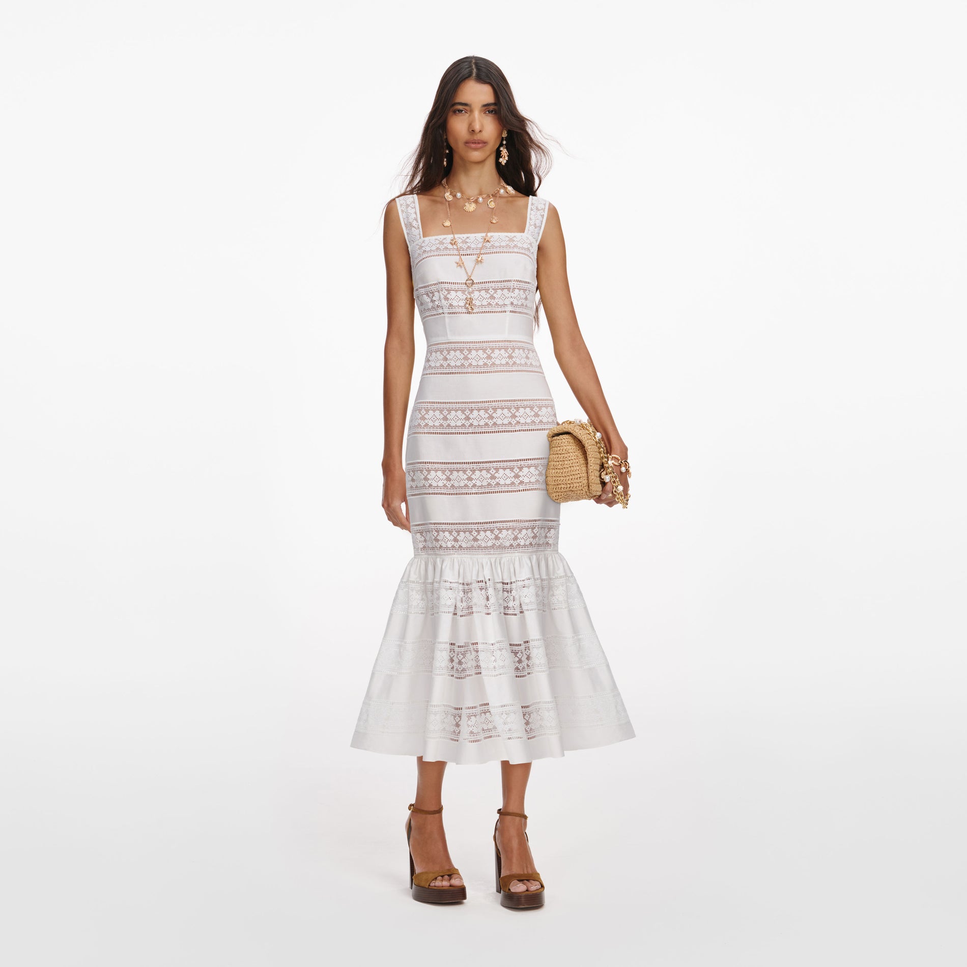White Cotton Embroidered Midi Dress