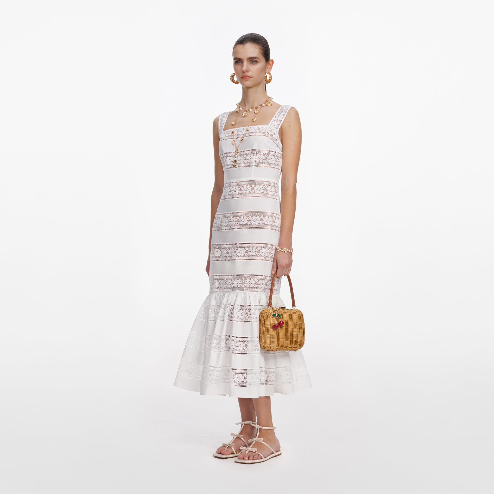 White Cotton Embroidered Midi Dress