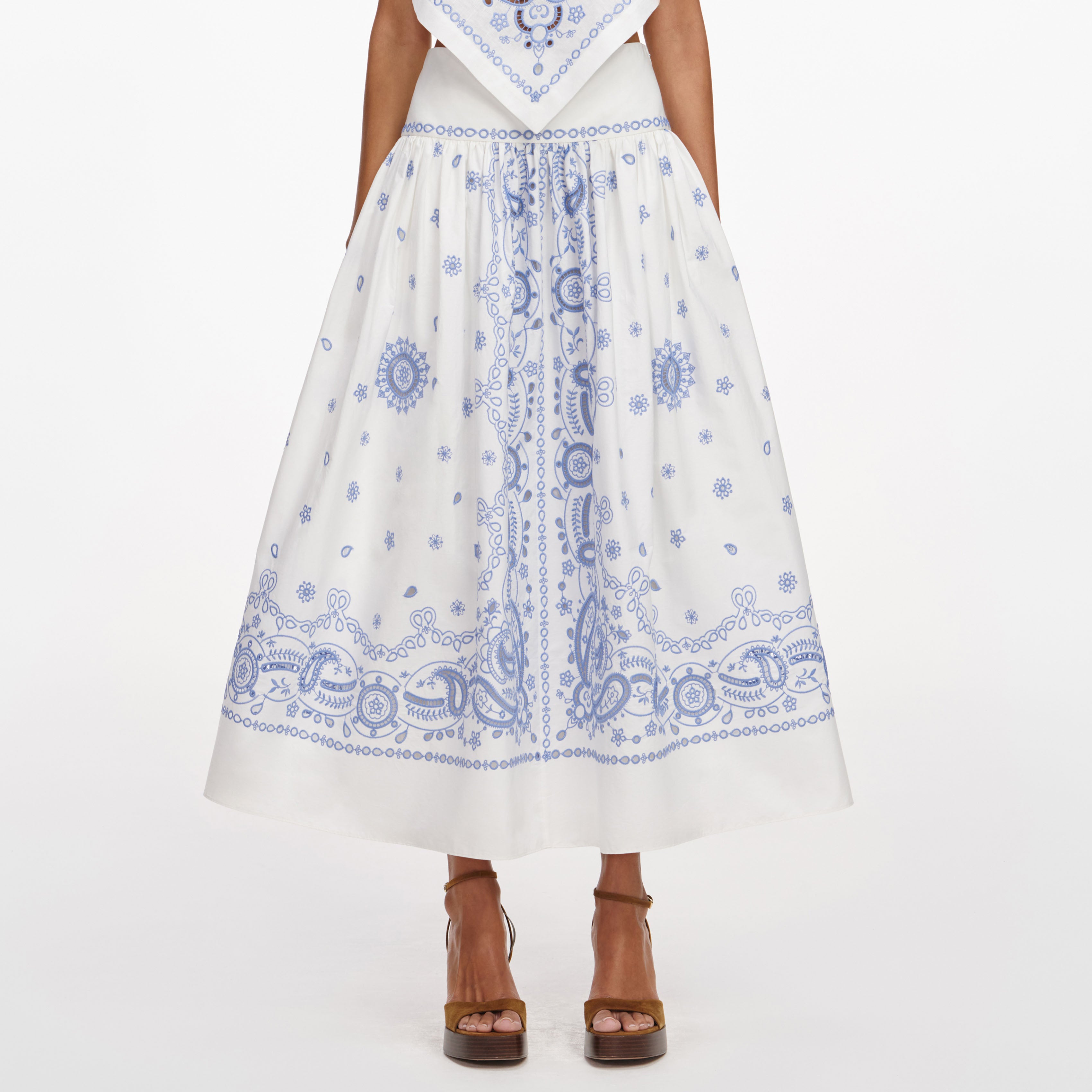White And Blue Embroidered Midi Skirt – self-portrait