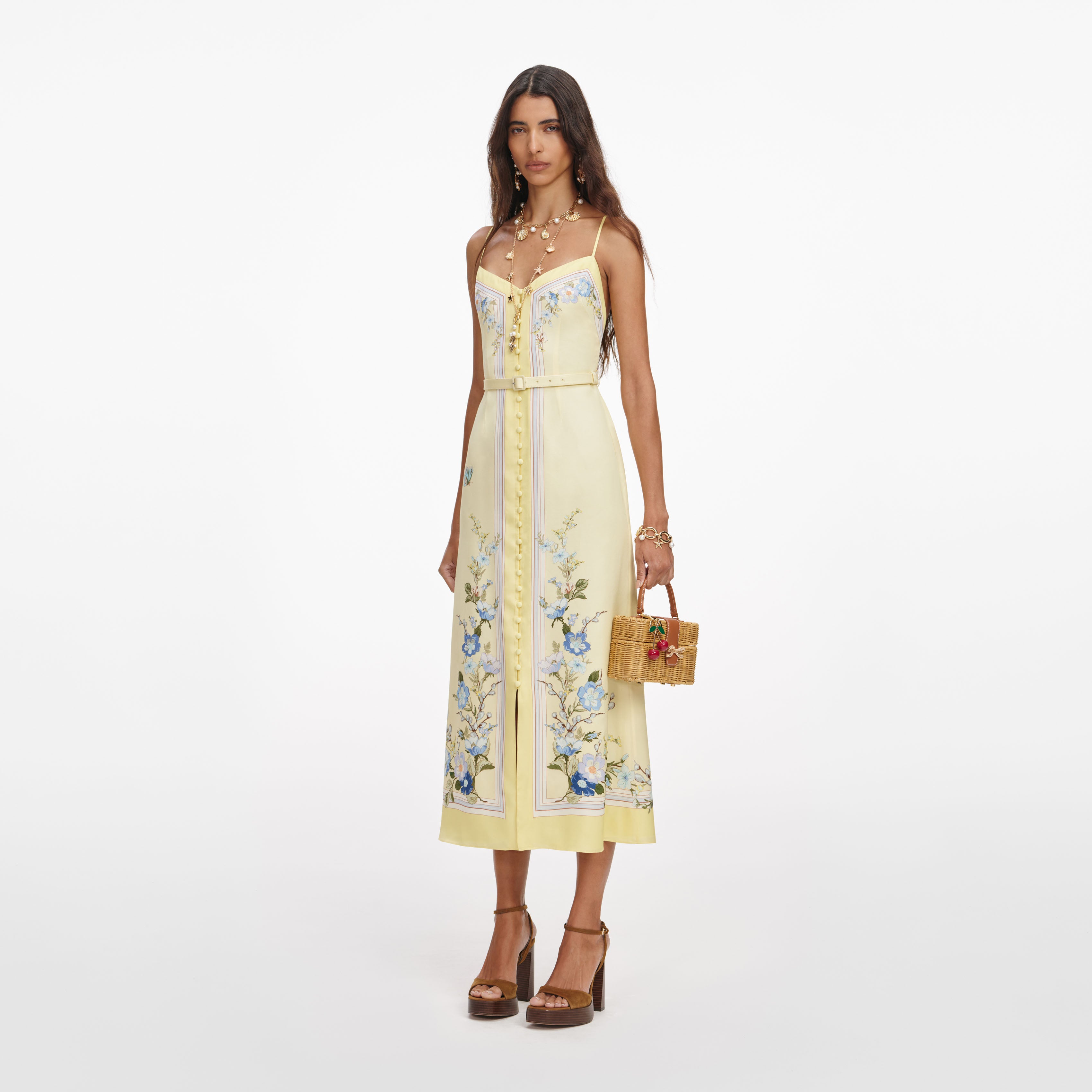 Yellow Floral Silk Midi Dress