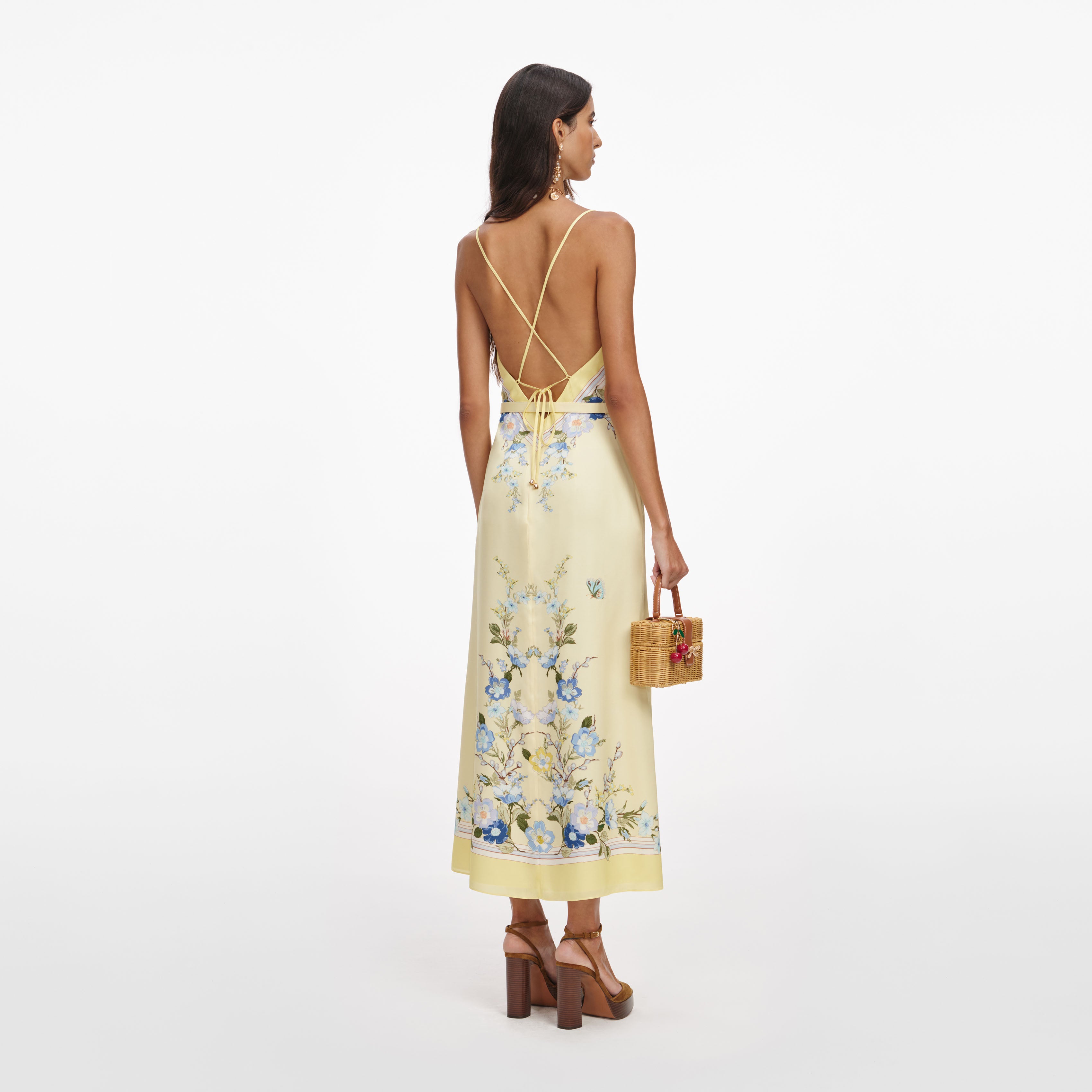 Yellow Floral Silk Midi Dress