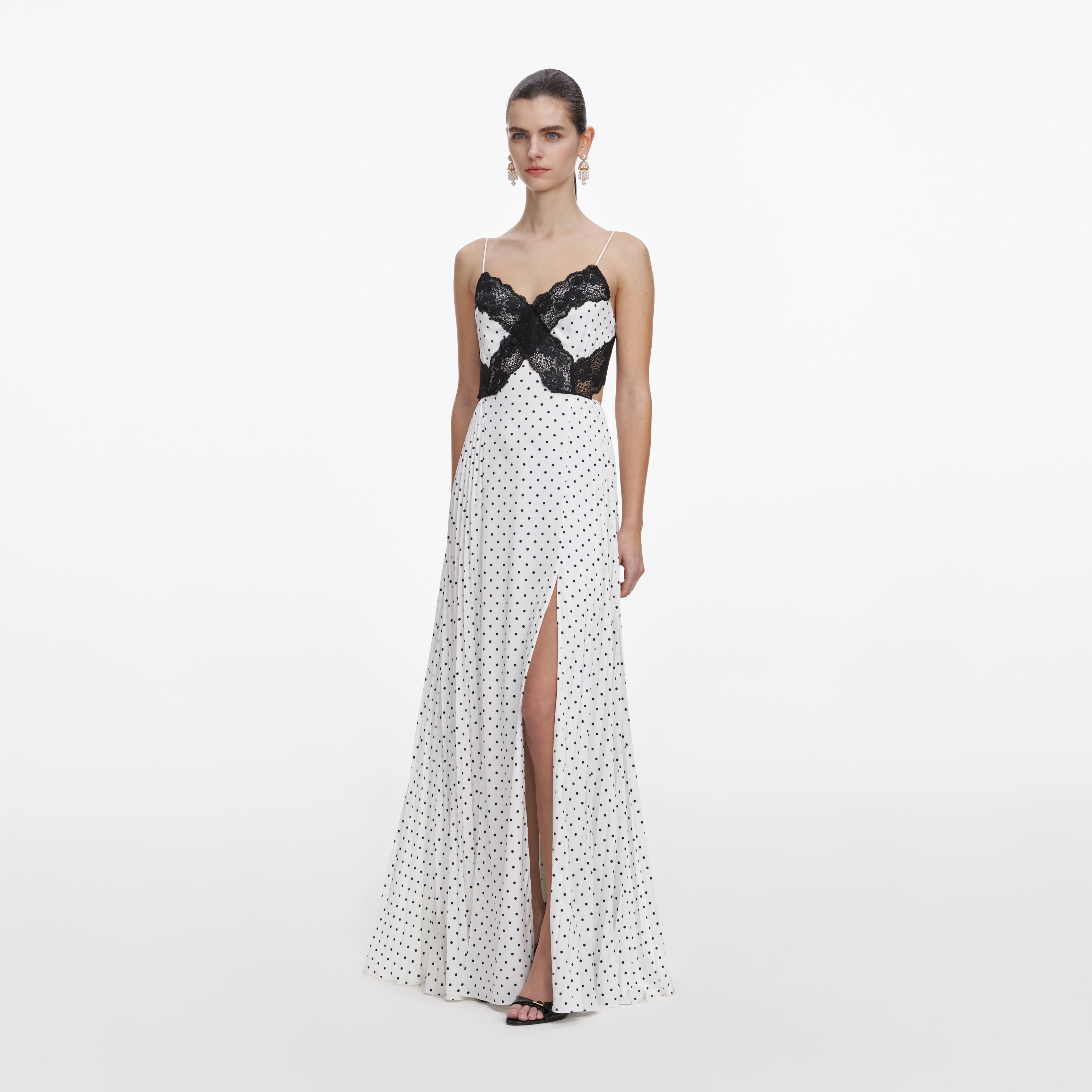 White Polka Dot Satin Lace Maxi Dress – self-portrait