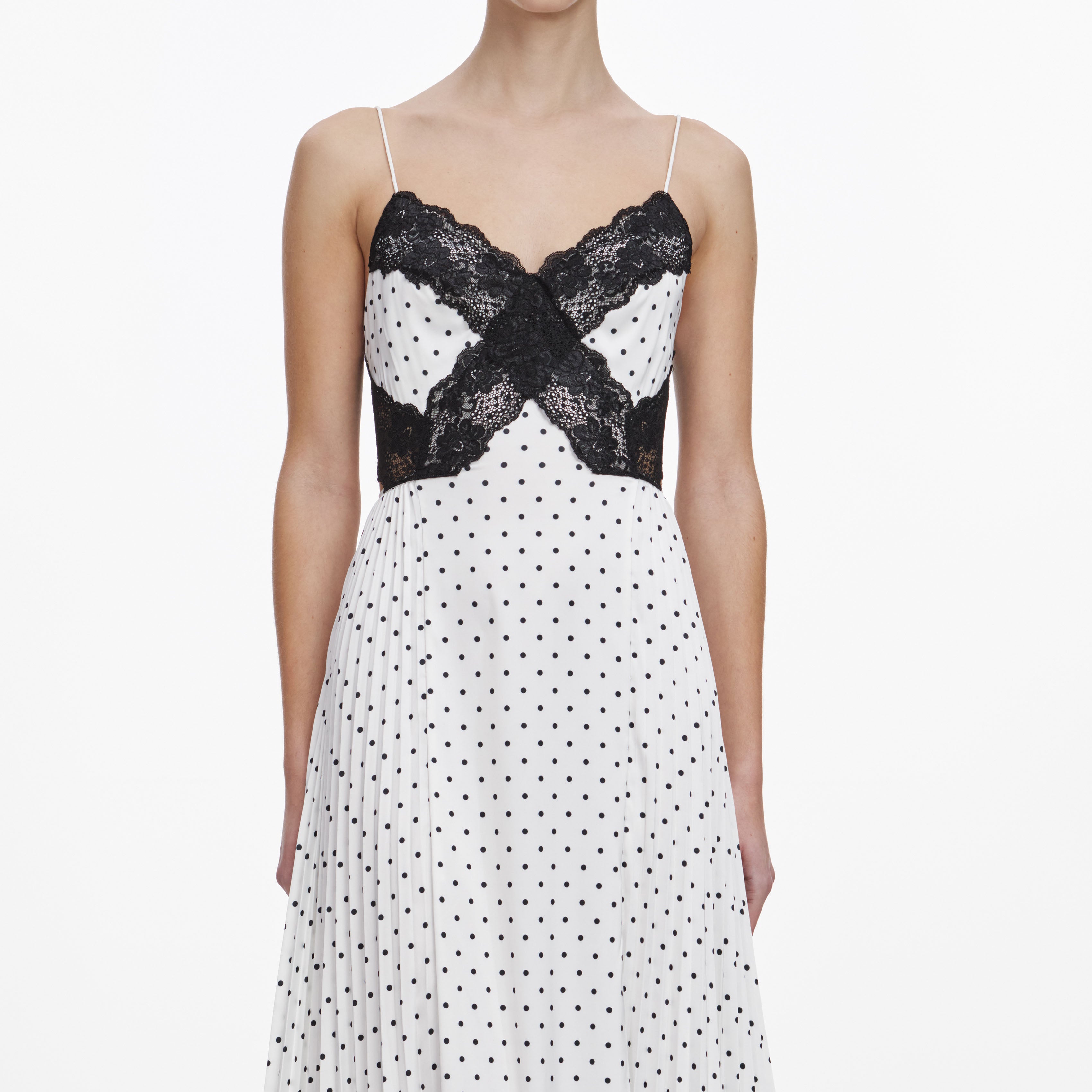 White Polka Dot Satin Lace Maxi Dress – self-portrait