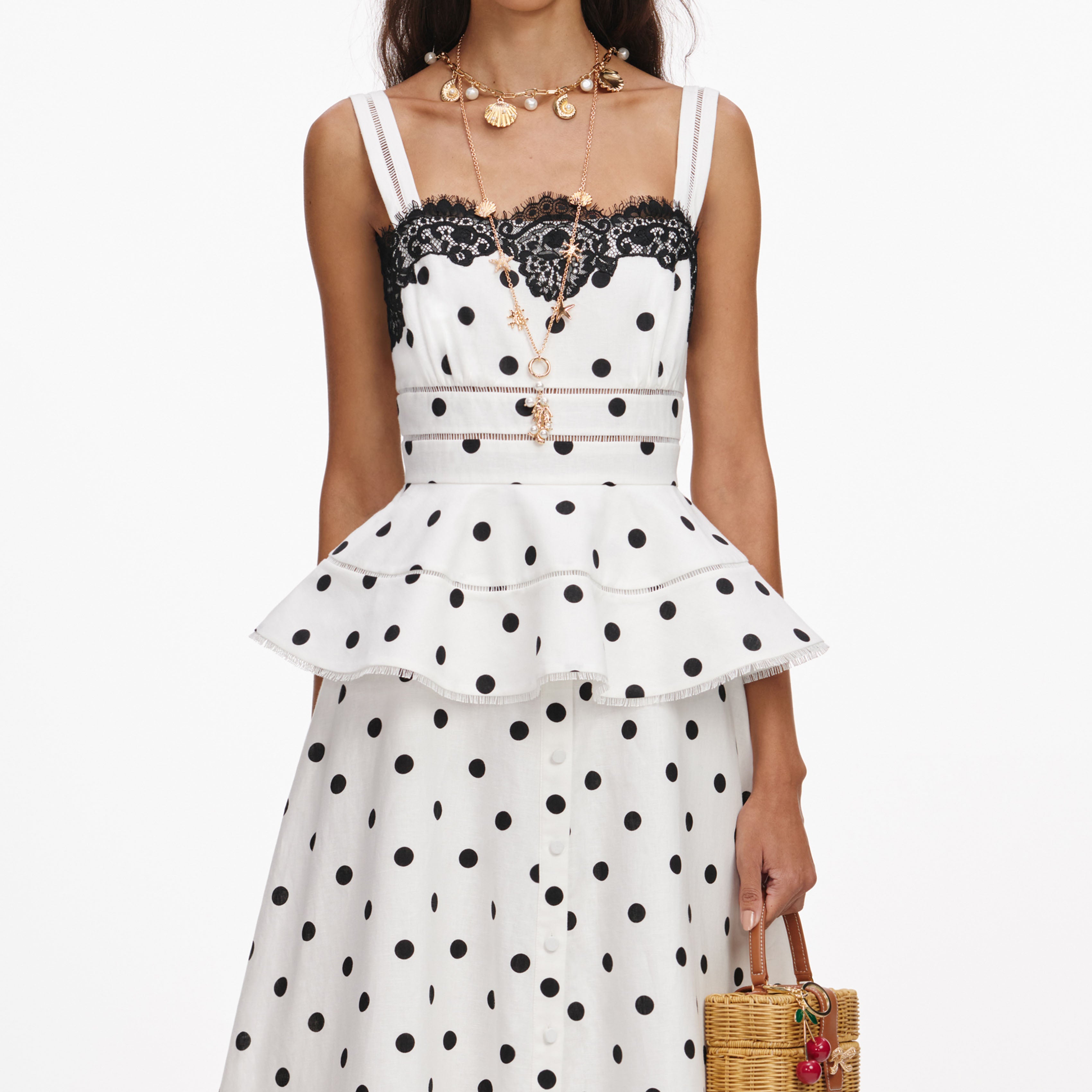 White Polka Dot Linen Midi Dress – self-portrait