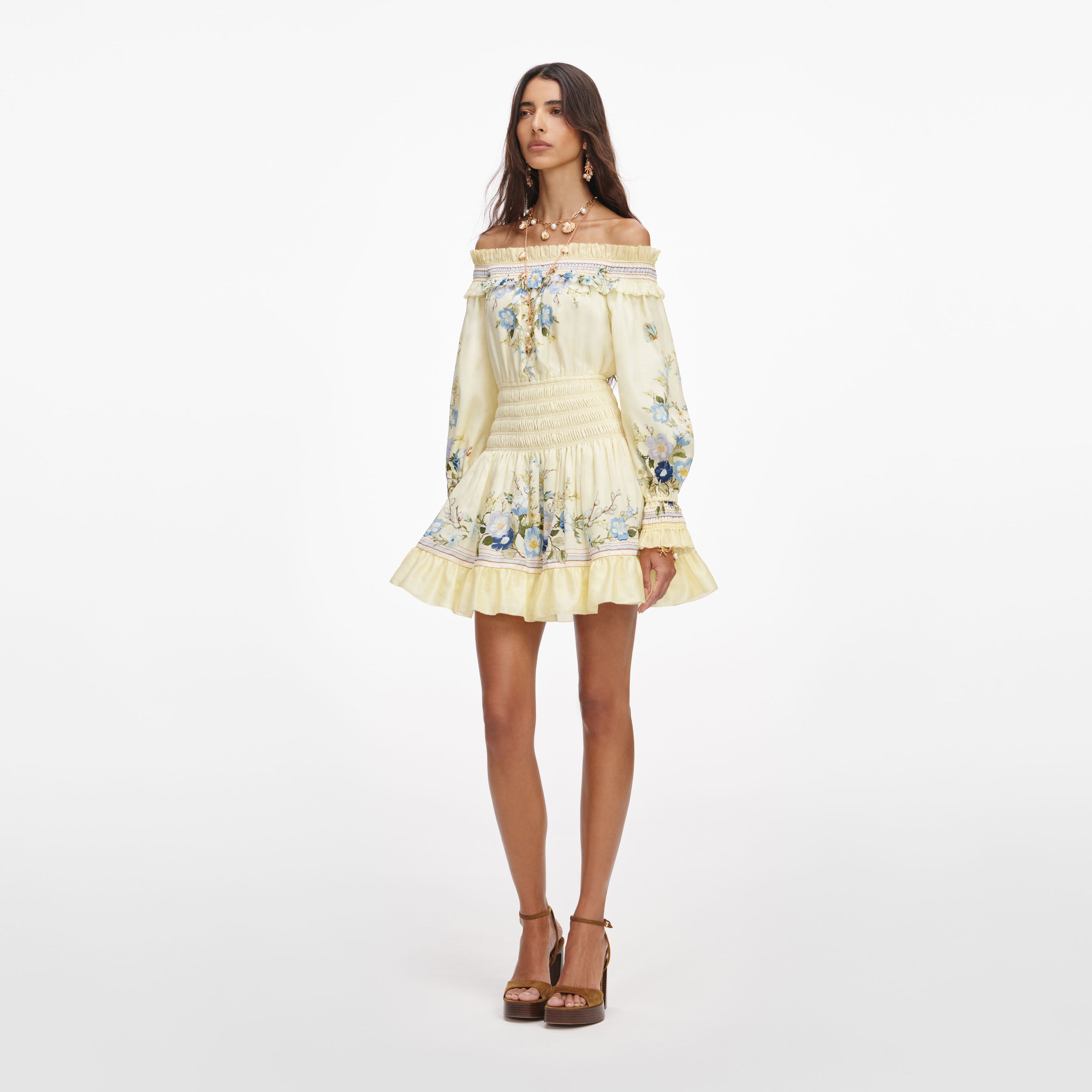 Yellow Floral Organza Ruffle Mini Dress – self-portrait