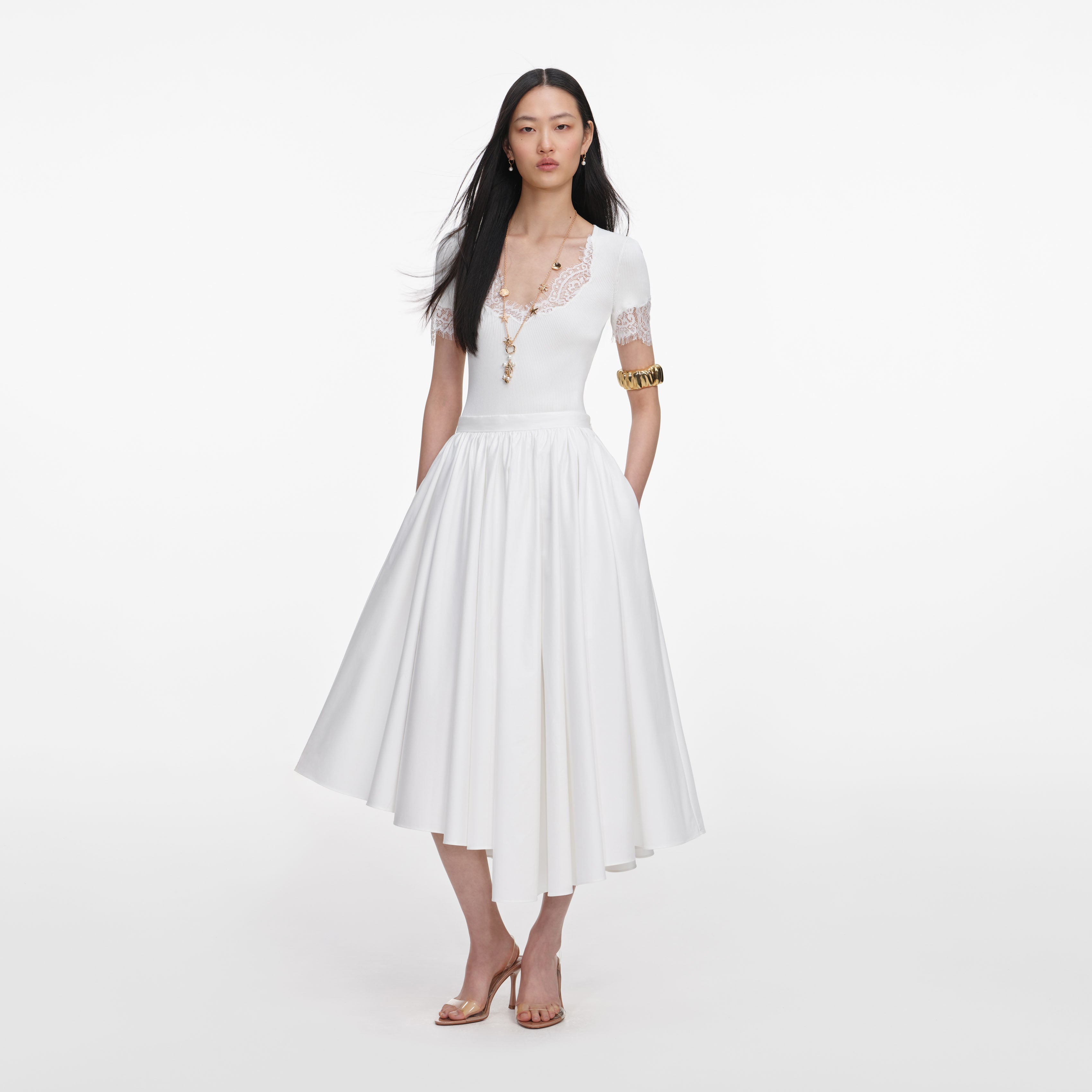 White Cotton Poplin Midi Skirt