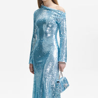 Blue Sequin Asymmetric Midi Dress
