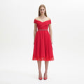 Red Chiffon Off Shoulder Midi Dress