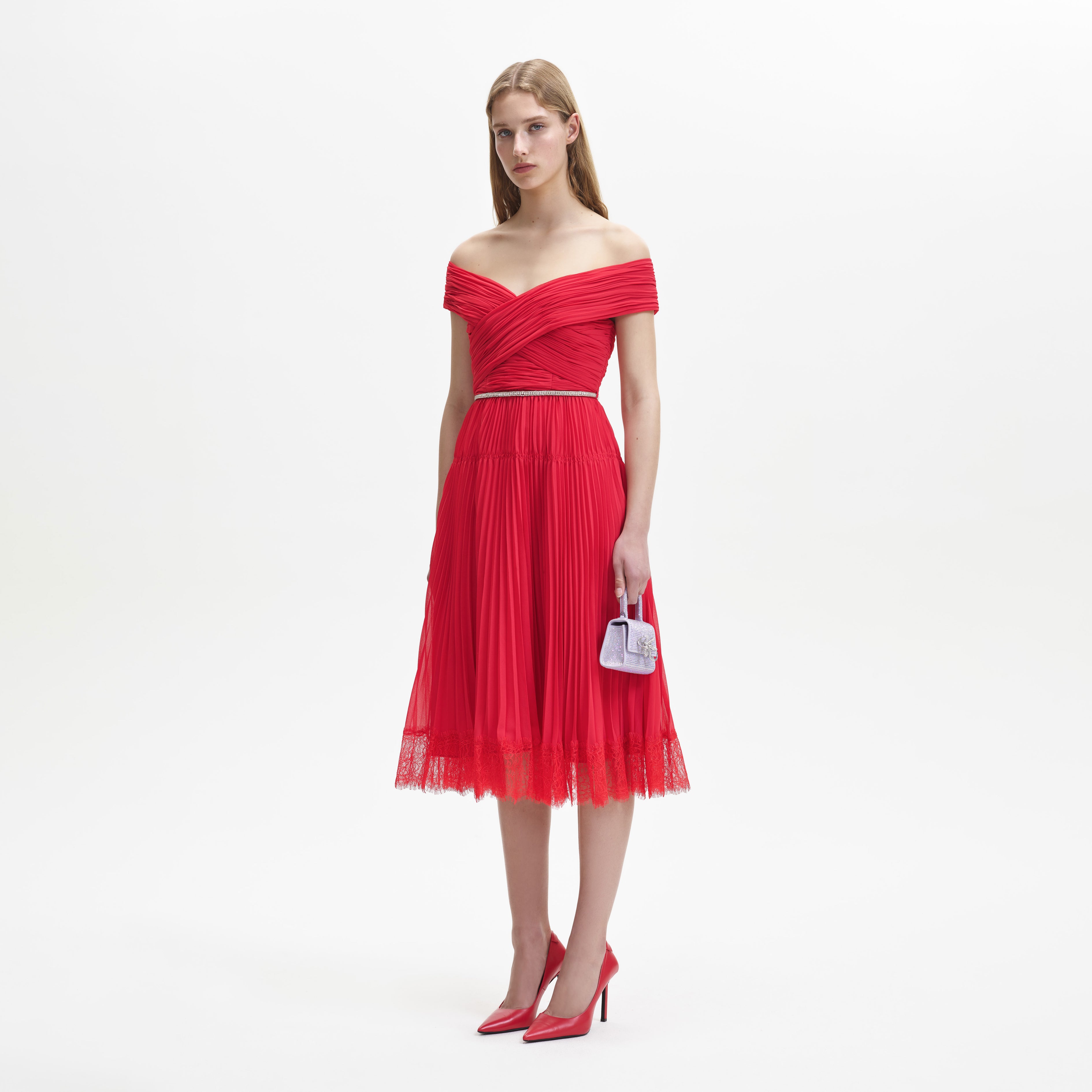 Red Chiffon Off Shoulder Midi Dress