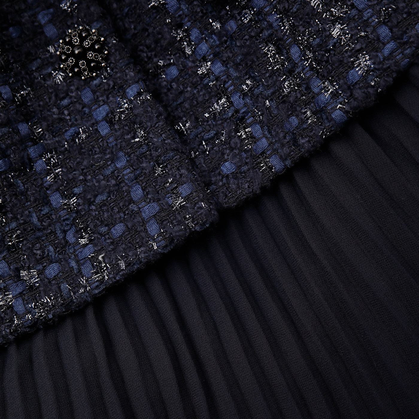 Navy Metallic Boucle Chiffon Midi Dress