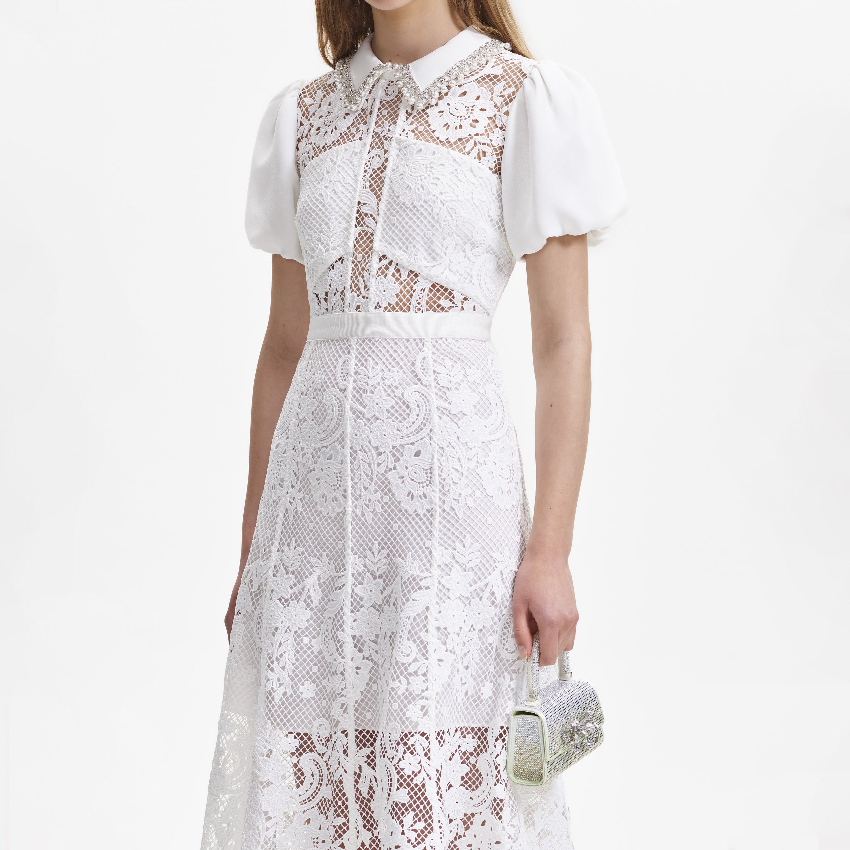 White Lace Diamante Collar Midi Dress
