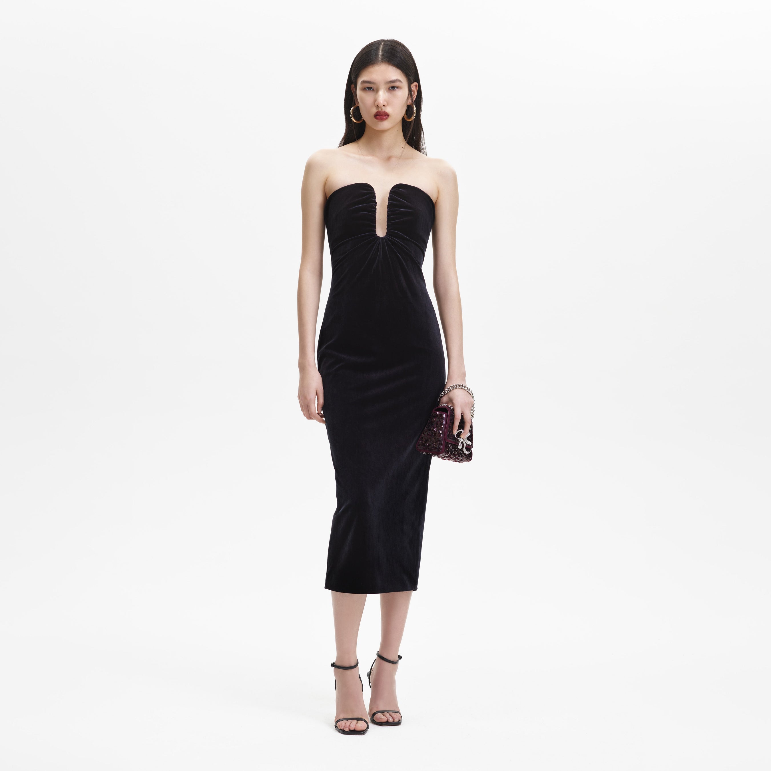 Black Velvet Strapless Midi Dress – self-portrait