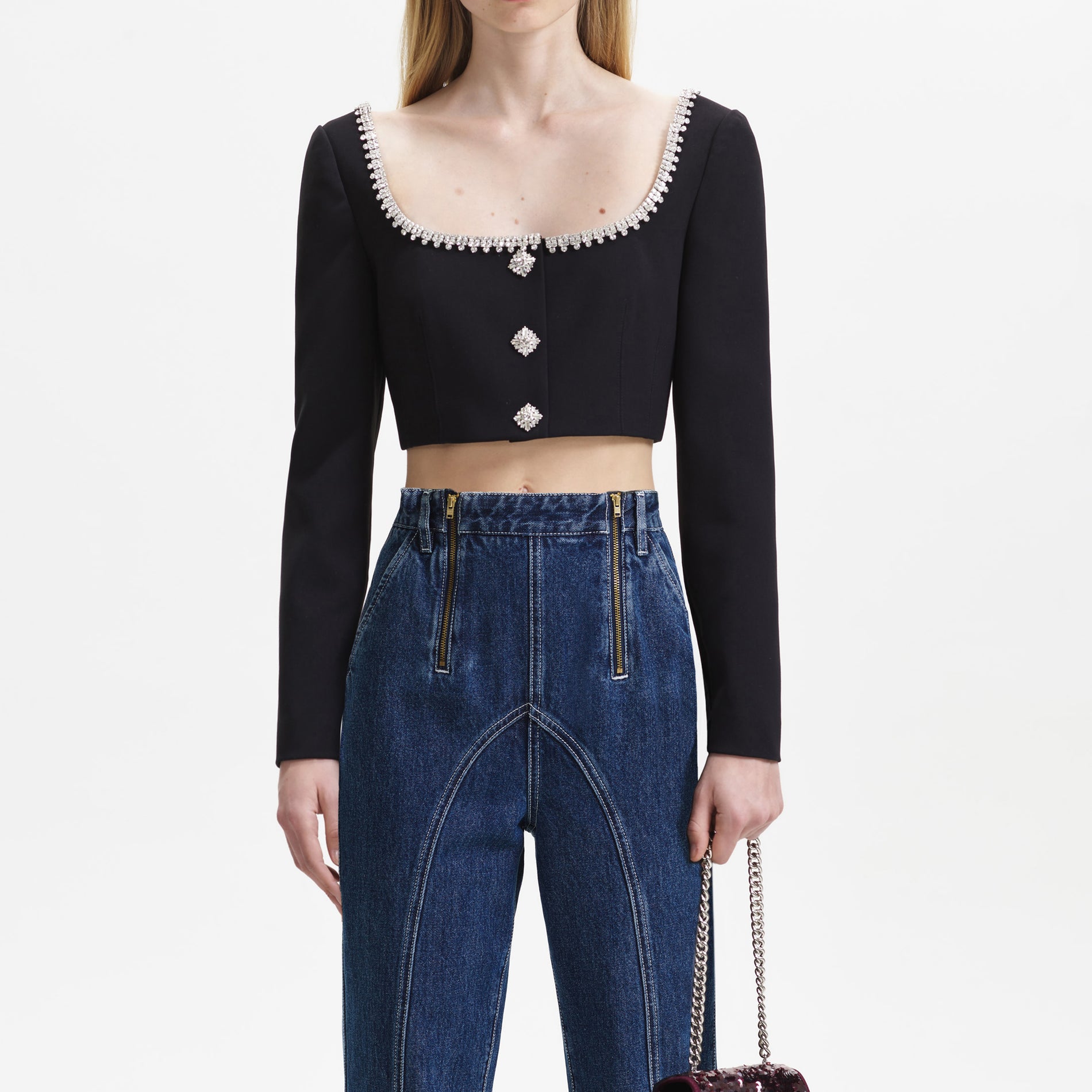 A close up of the fabric for the Blue Wide Leg Stitch Detail Jeans