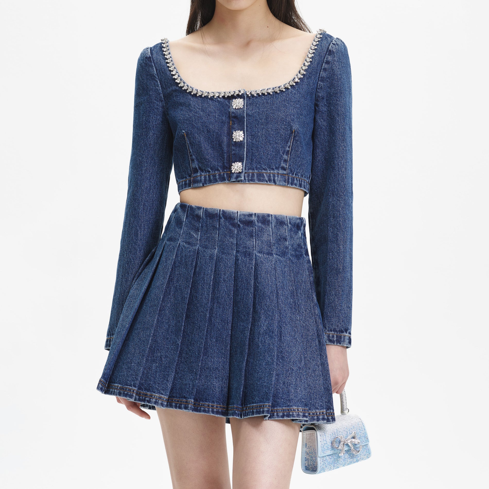 A close up of the fabric for the Pleated Denim Mini Skirt