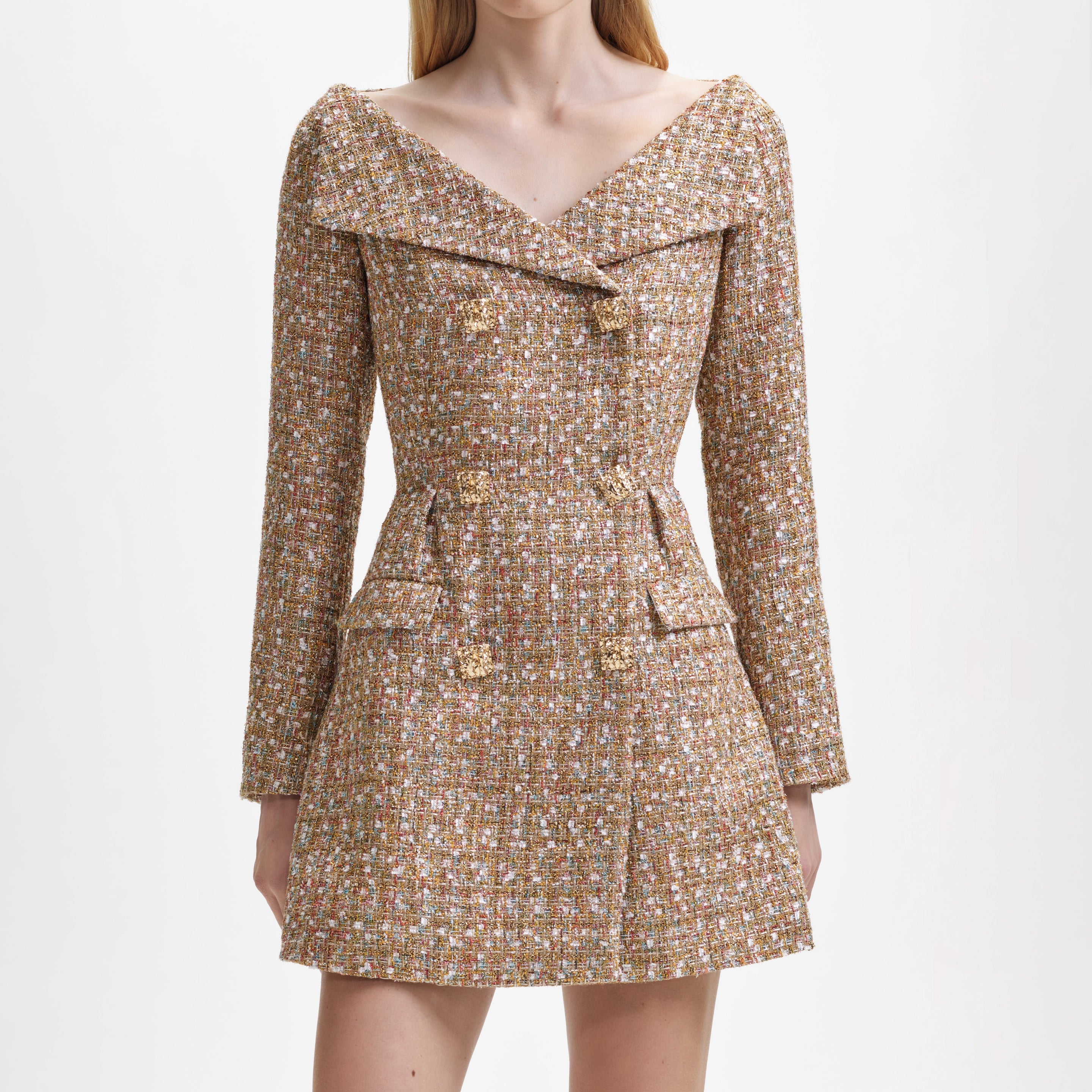 Gold Tinsel Boucle Off Shoulder Mini Dress selfportrait