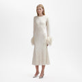 Cream Sequin Feather Midi Dress