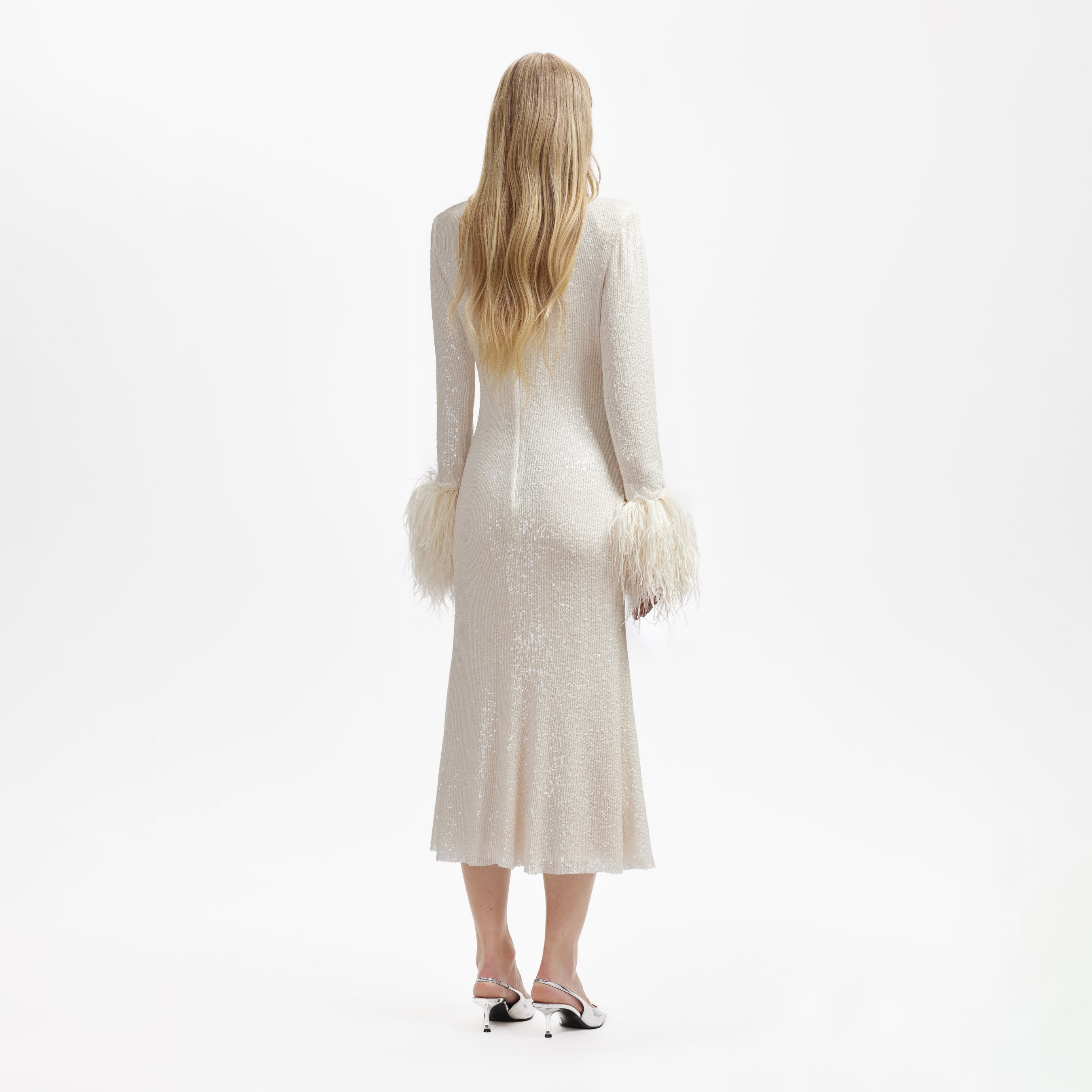 Cream Sequin Feather Midi Dress