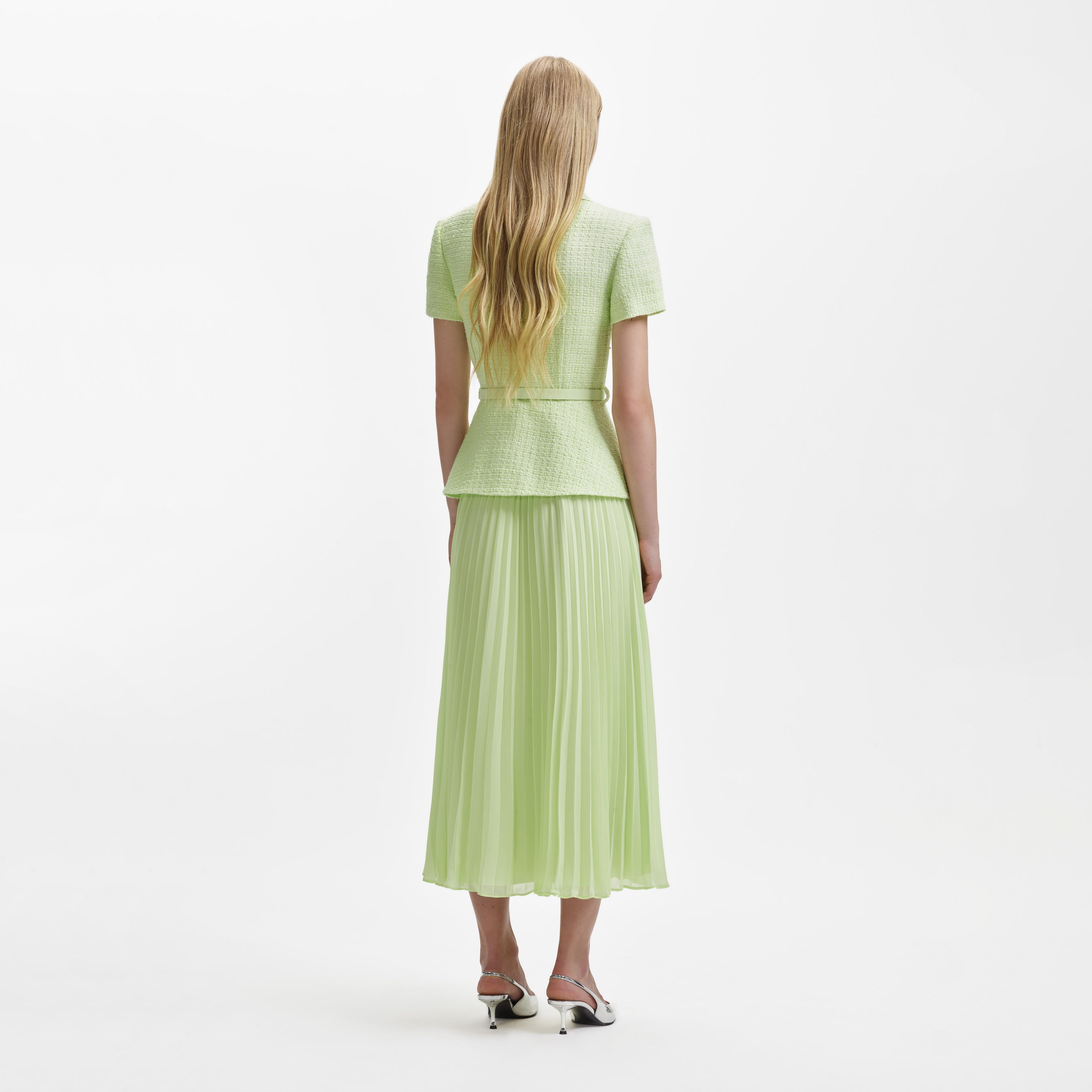 Lime Boucle Collared Chiffon Midi Dress