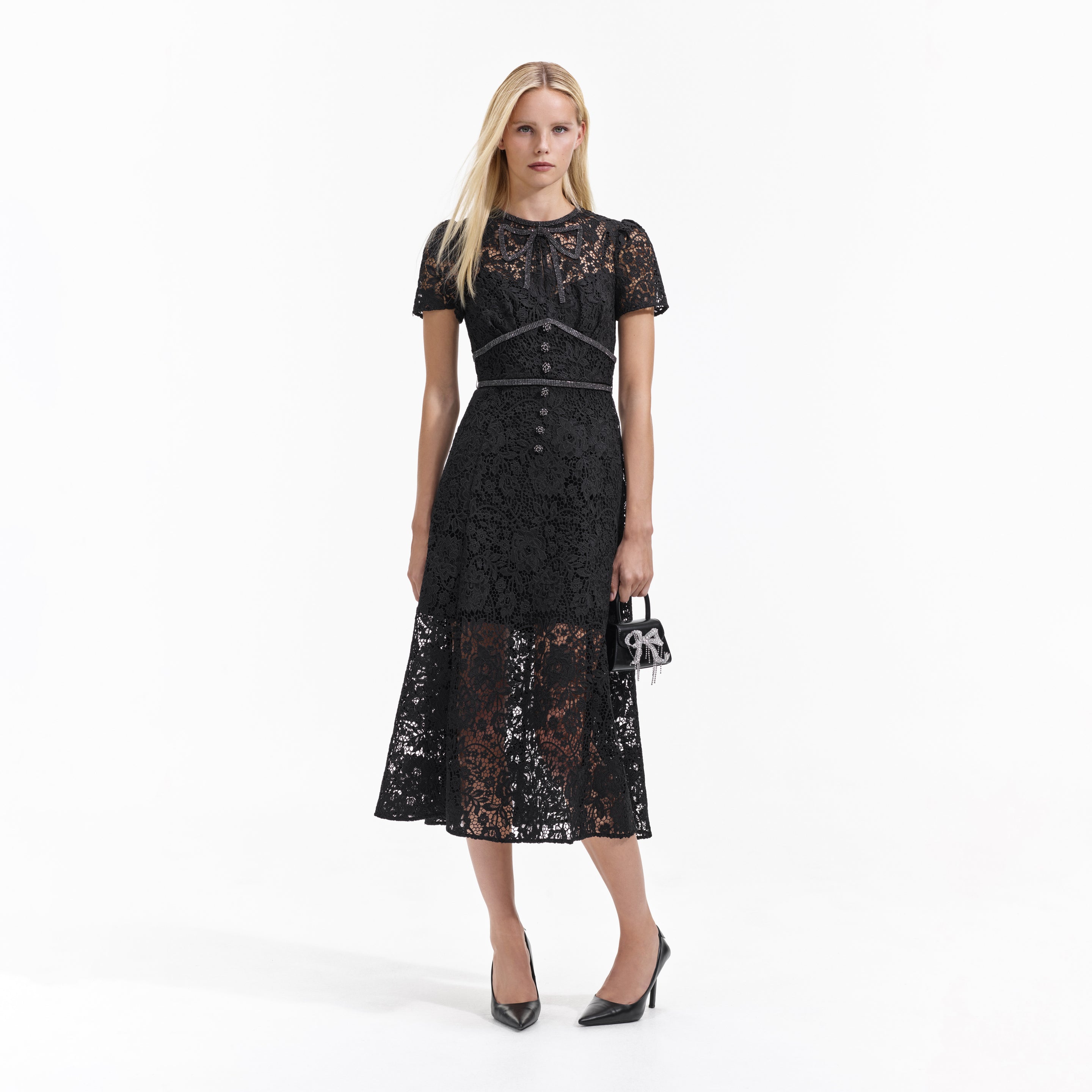Black Cord Lace Bow Midi Dress – self-portrait