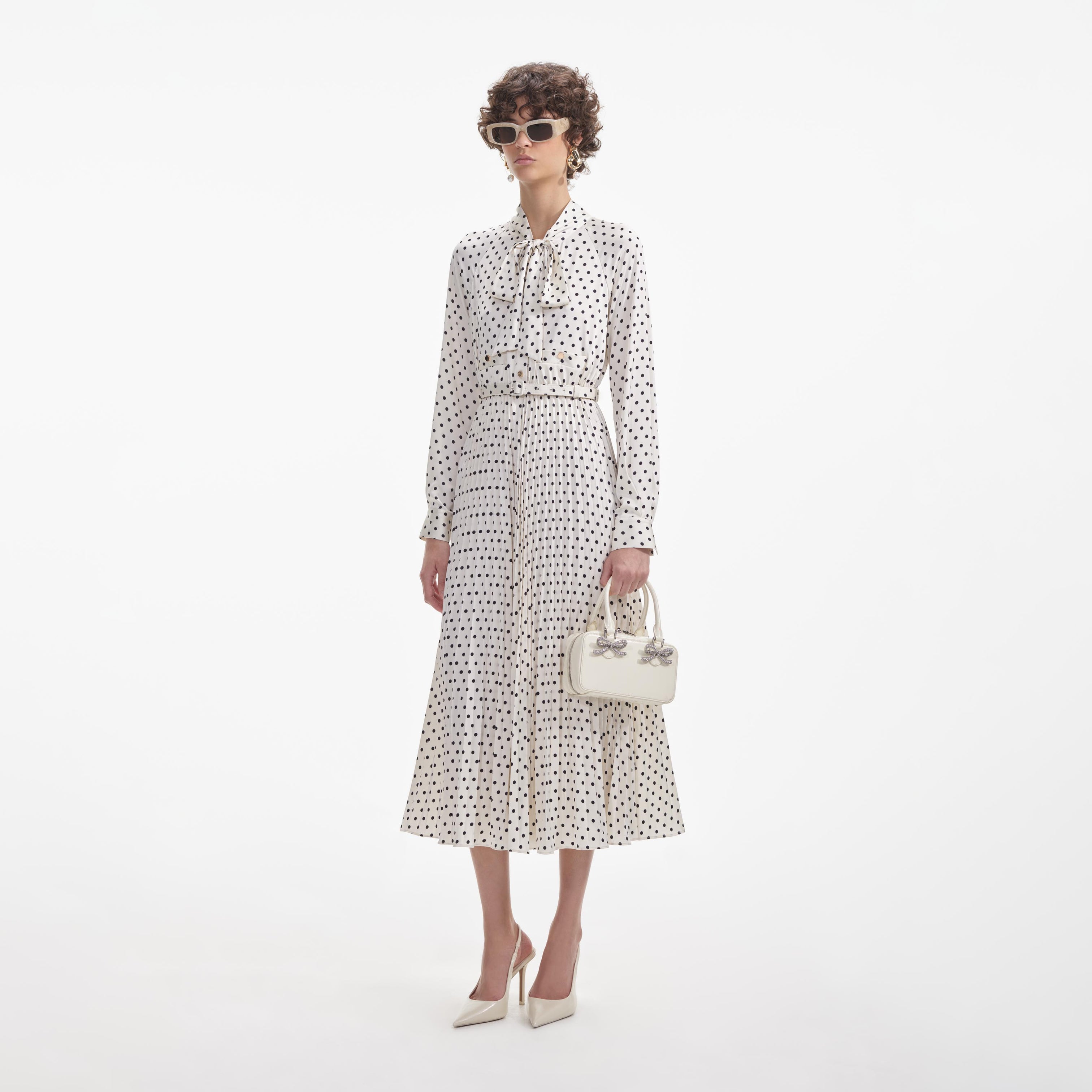 Cream Polka Dot Satin Asymetrical Midi Skirt