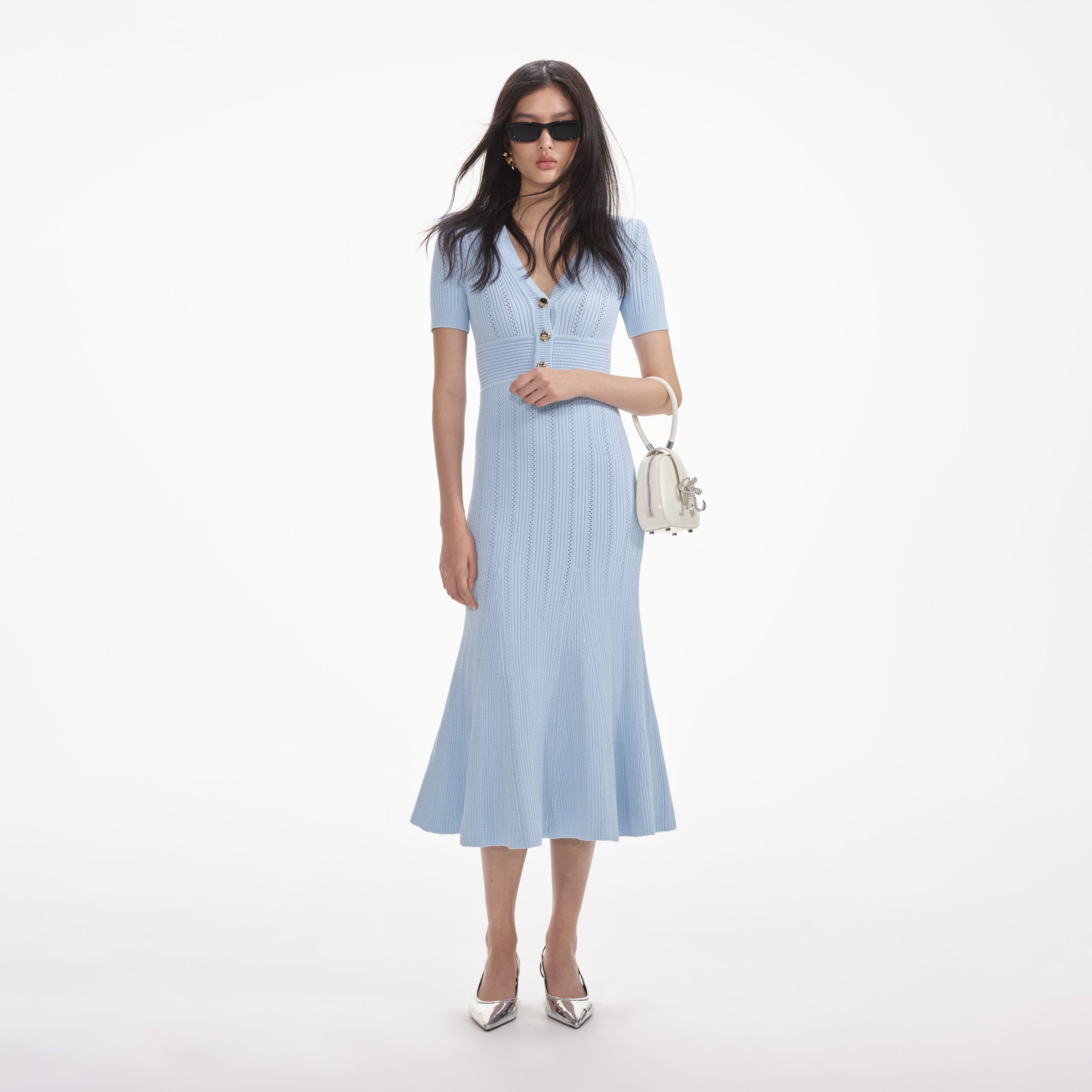 Blue Pointelle Knit Midi Dress – self-portrait