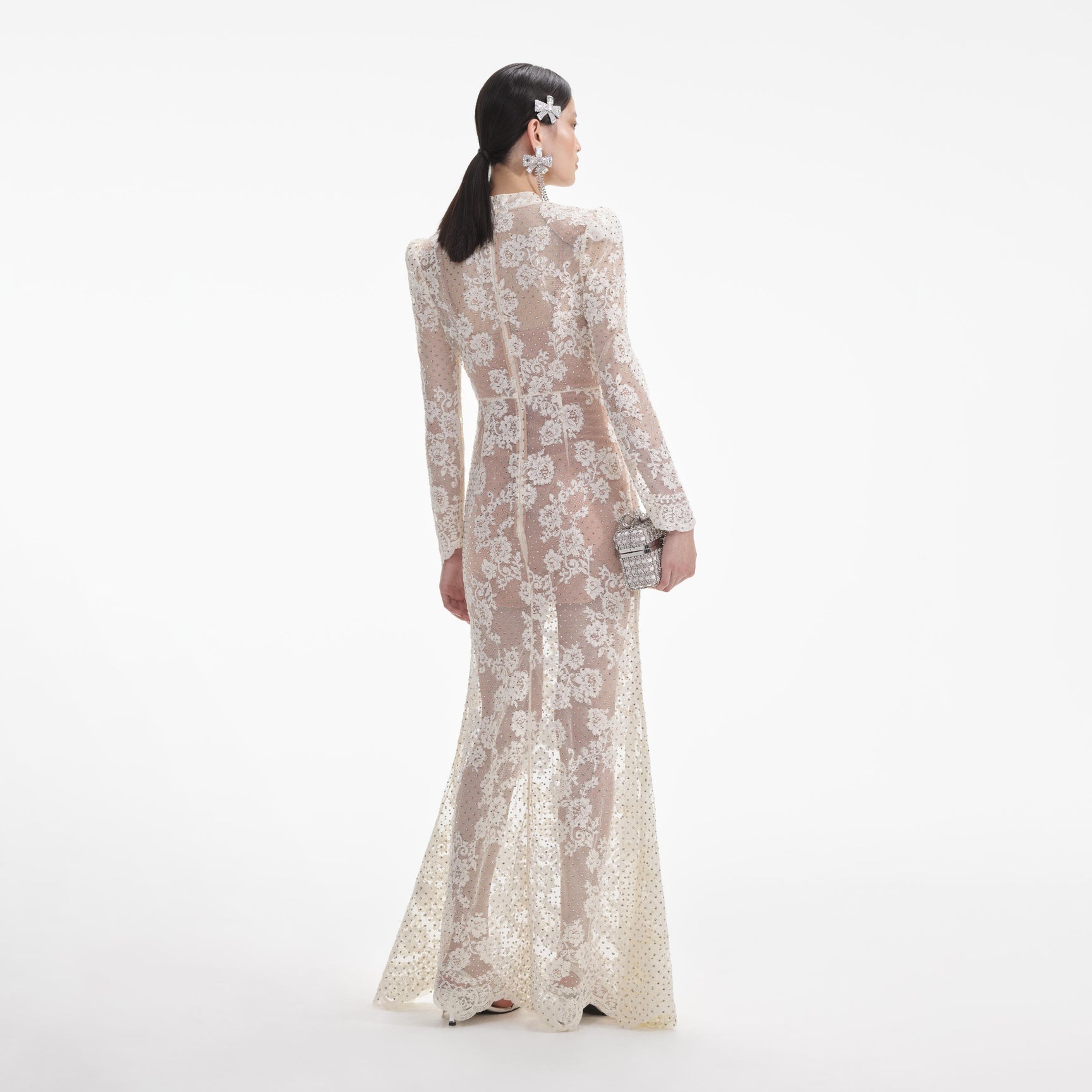 White Rhinestone Adorned Maxi Gown Dress With Mesh And Moderate Stretch For Elegant Evening Events