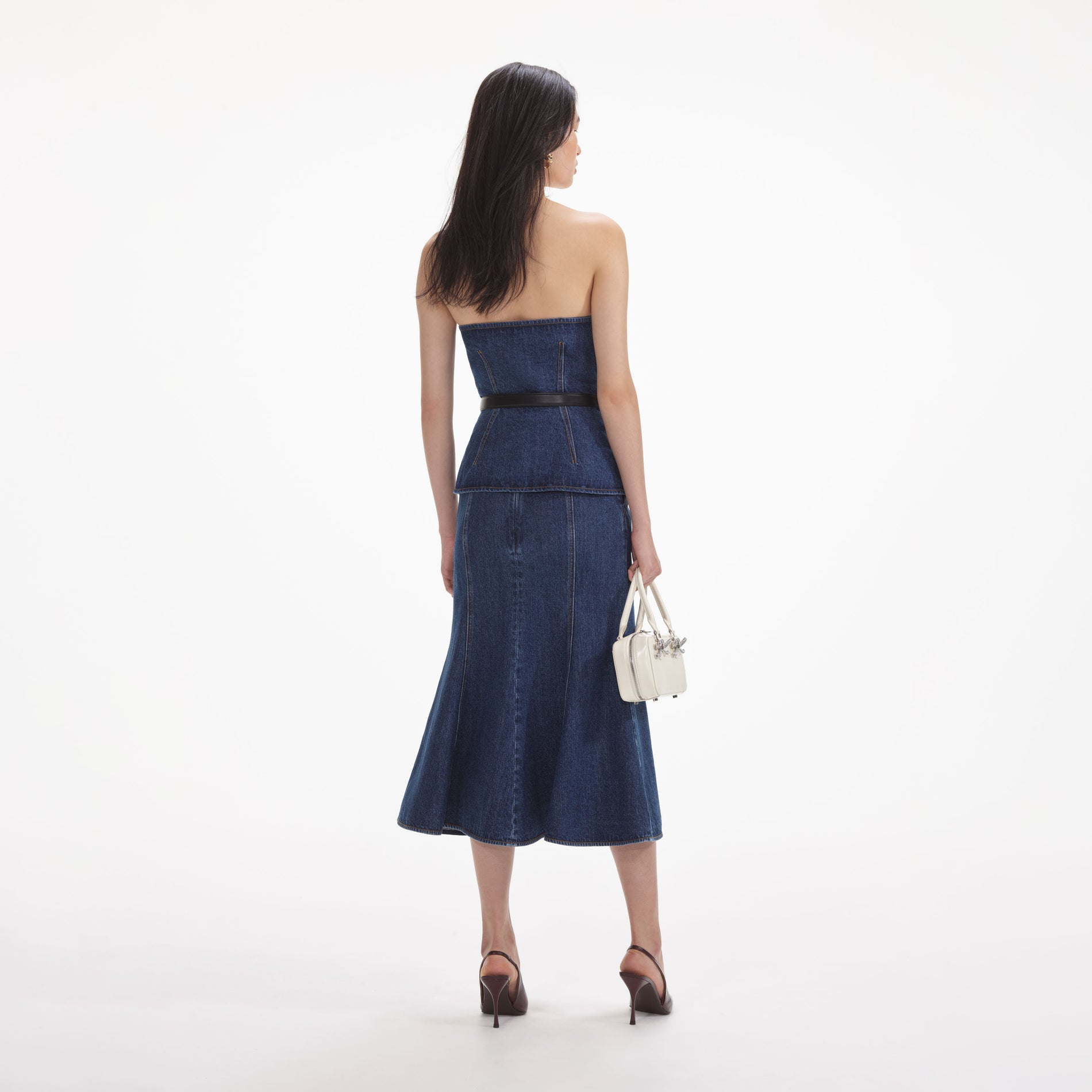 Back view of a woman wearing the White Denim Bandeau Midi Dress