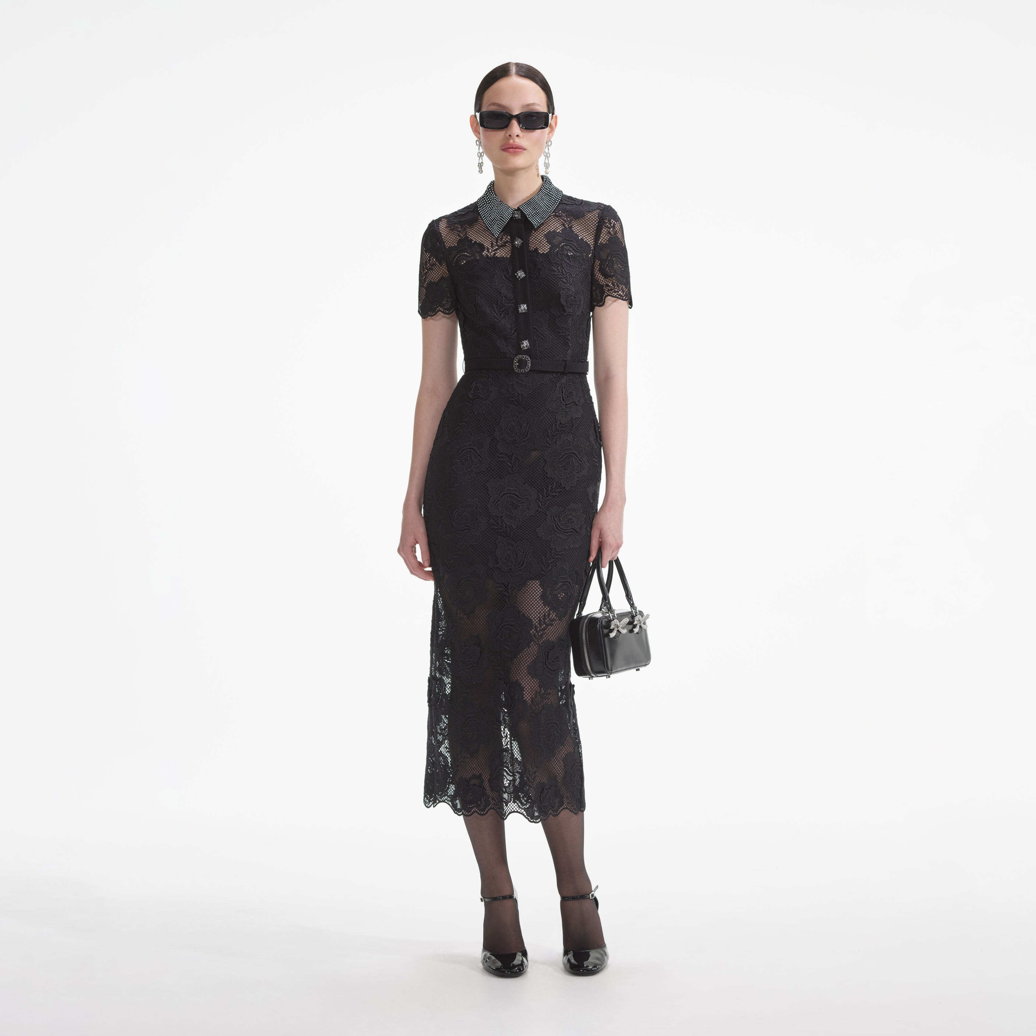 Black Lace Diamante Midi Dress